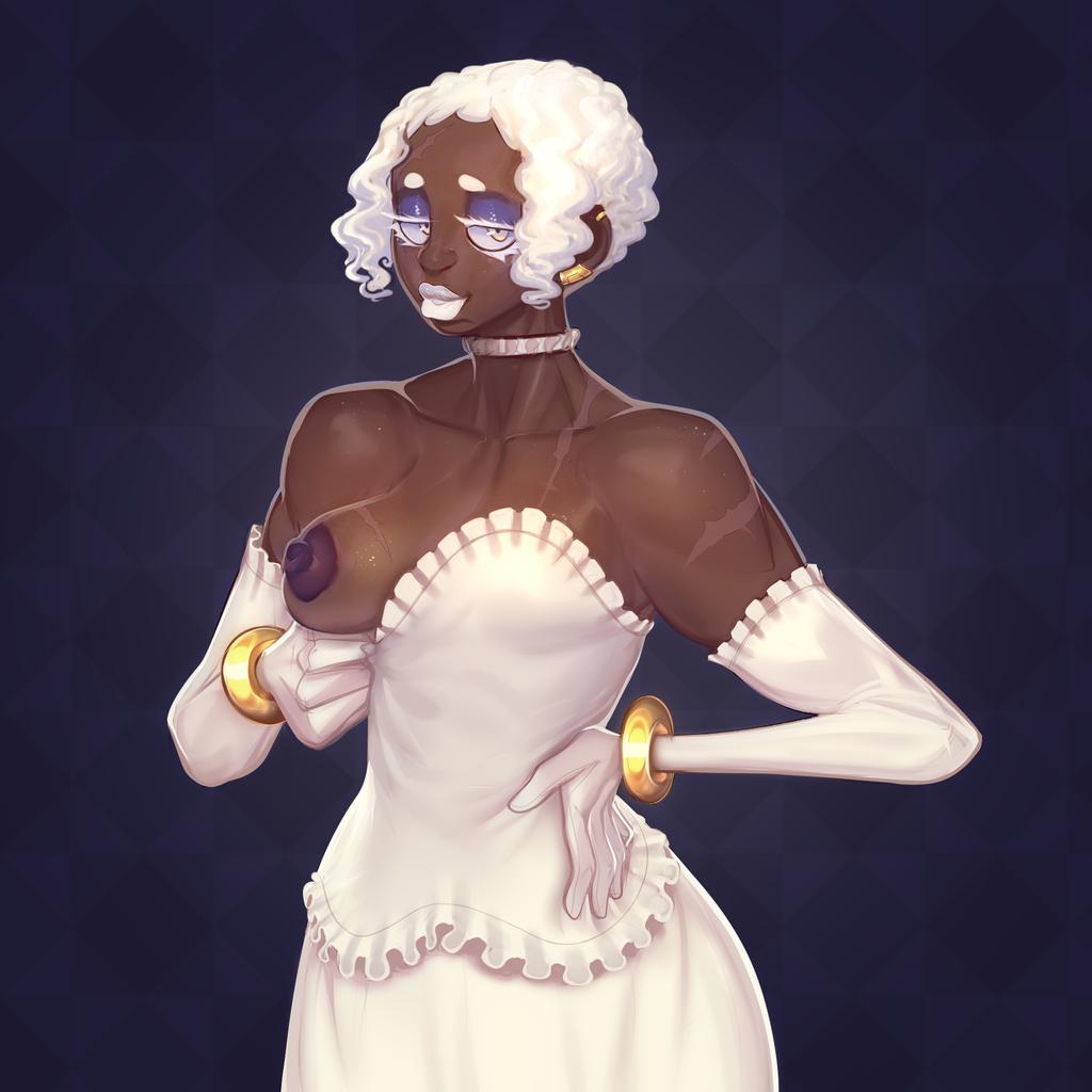 1girls, black skin, breasts, breasts out, dark skin, dark-skinned female, derek hetrick, female, female focus, female only, francoise, muscular, muscular female, purple nipples, solo female, white dress, white gloves, white hair, white lipstick