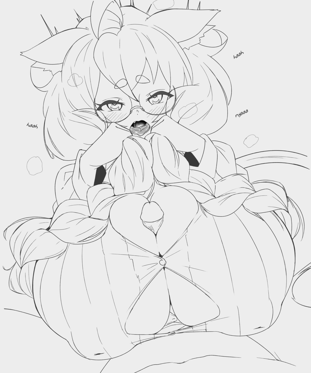 ahoge, big breasts, big penis, blush, breasts, cat ears, clothed paizuri, clothing, cute fang, female, glasses, heart-shaped pupils, holding hair, huge breasts, inverted nipples, kazuya zoey, large breasts, long hair, looking pleasured, male, moaning, nipples, paizuri, penis, tongue, tongue out