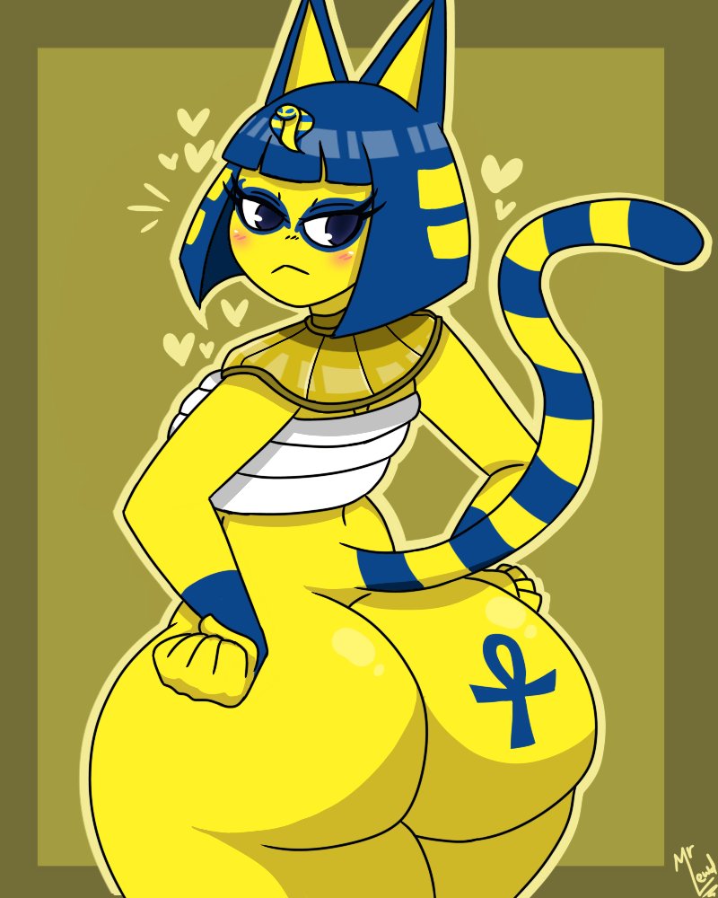 1girls, animal crossing, ankha, anthro, ass, ass focus, ass tattoo, back view, big ass, cat ears, cat girl, cat tail, catgirl, female, from behind, hands on hips, huge ass, looking back, makeup, mr.lewd, nintendo, solo, standing, tattoo, tattoo on butt, thick thighs, wide hips, yellow body