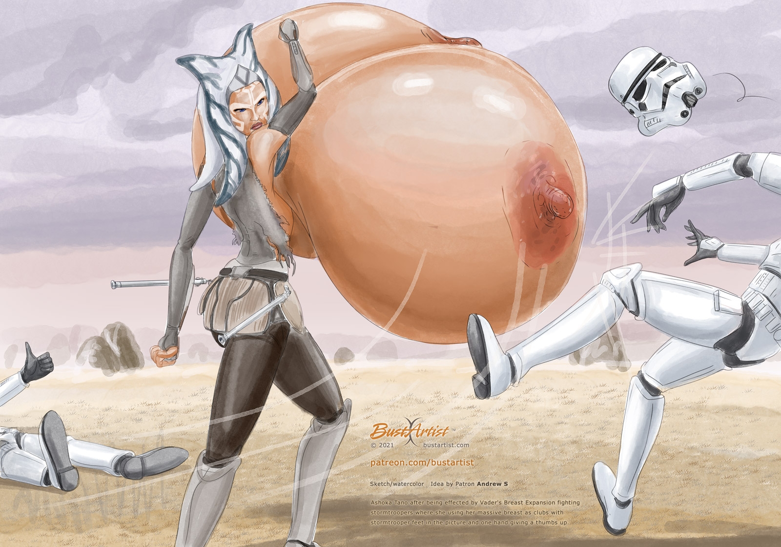 1girls, ahsoka tano, alternate breast size, big breasts, breast expansion, breast growth, breast growth (enlargement), breasts, bustartist, female, female focus, gigantic breasts, huge breasts, huge nipples, hyper, hyper breasts, nipples, star wars, star wars rebels, stormtrooper