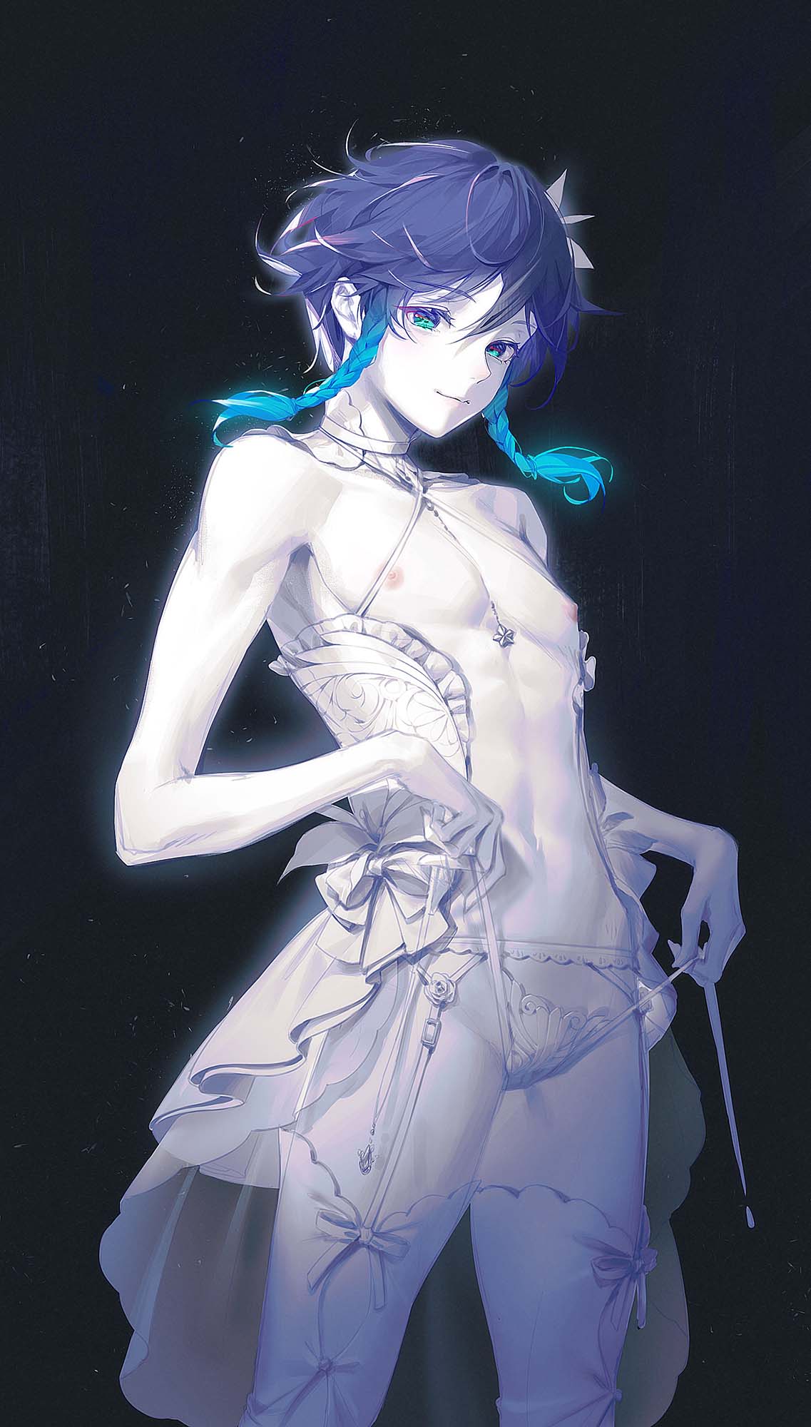 1boy, blue hair, braid, bride, collar, color, femboy, flower in hair, frills, garter belt, garter straps, genshin impact, girly, glowing, gradient hair, hanayaka, jewelry, long hair, looking at viewer, male, male focus, male only, necklace, nipples, pale skin, panties, solo, stomach, thighhighs, trap, undressing, venti (genshin impact)