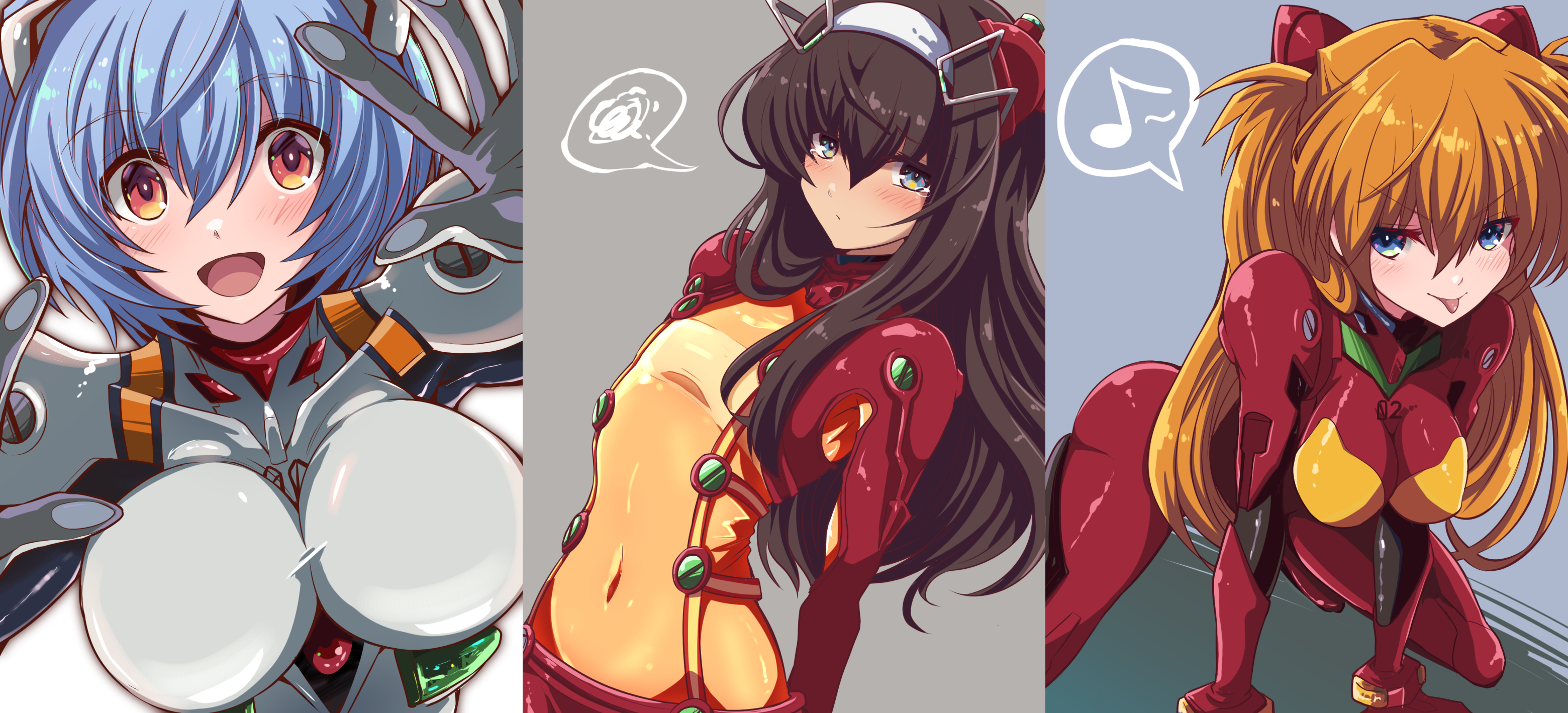 1boy, 2girls, asuka langley sohryu, big breasts, blue hair, blush, breasts, brown eyes, brown hair, clothing, collage, crossdressing, female, large breasts, long hair, male, neon genesis evangelion, plugsuit, rebuild of evangelion, red hair, rei ayanami, shinji ikari, short hair, takanasu05, tears, wig
