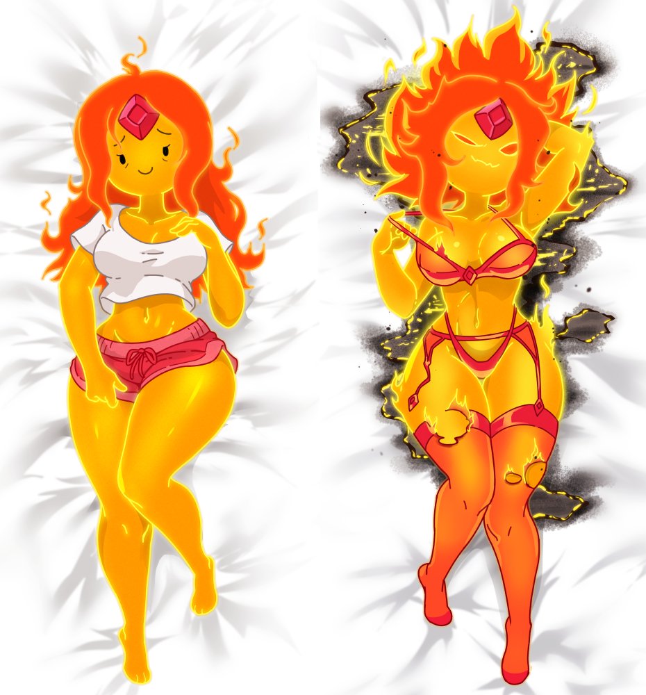 adventure_time bra breasts burn_marks cartoon_network centinel303 crop_top dakimakura dakimakura_design fire flame_princess hand_behind_head hourglass_figure large_breasts on_back on_bed panties pulling_clothing seductive seductive_smile short_shorts smile smiling smiling_at_viewer thighhighs thighs wide_hips