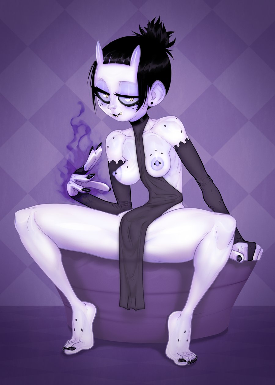 black hair, black lipstick, black nails, bottomless, breasts, breasts out, demon, demon girl, derek hetrick, emilia (derek hetrick), emilia grimms, emo, feet, female, freckles, goth, horns, looking at viewer, nipple piercing, nipples, pale skin, piercing, ponytail, solo, teasing viewer, yellow eyes