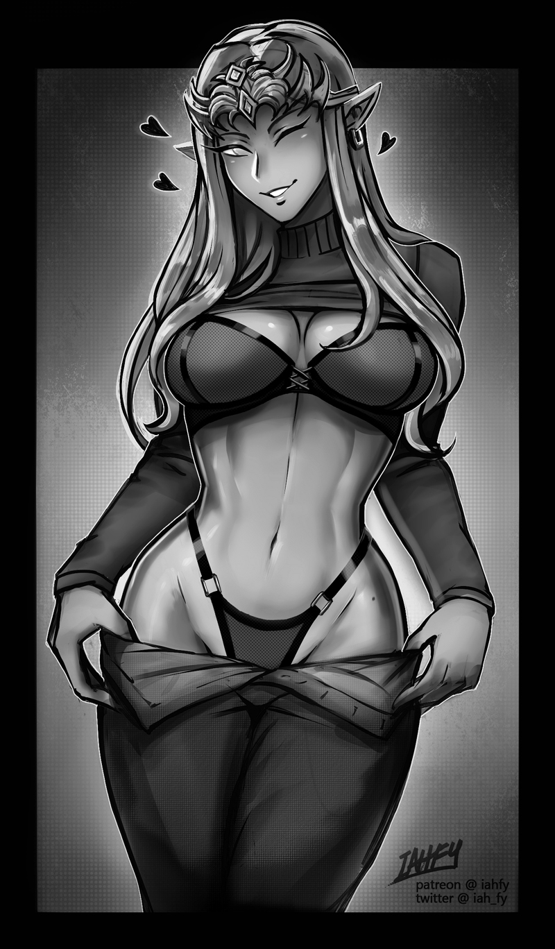 1girls, bra, breasts, child bearing hips, cleavage, female, female only, iahfy, milf, monochrome, nintendo, panties, princess zelda, solo, the legend of zelda, twilight princess, wide hips, zelda (twilight princess)