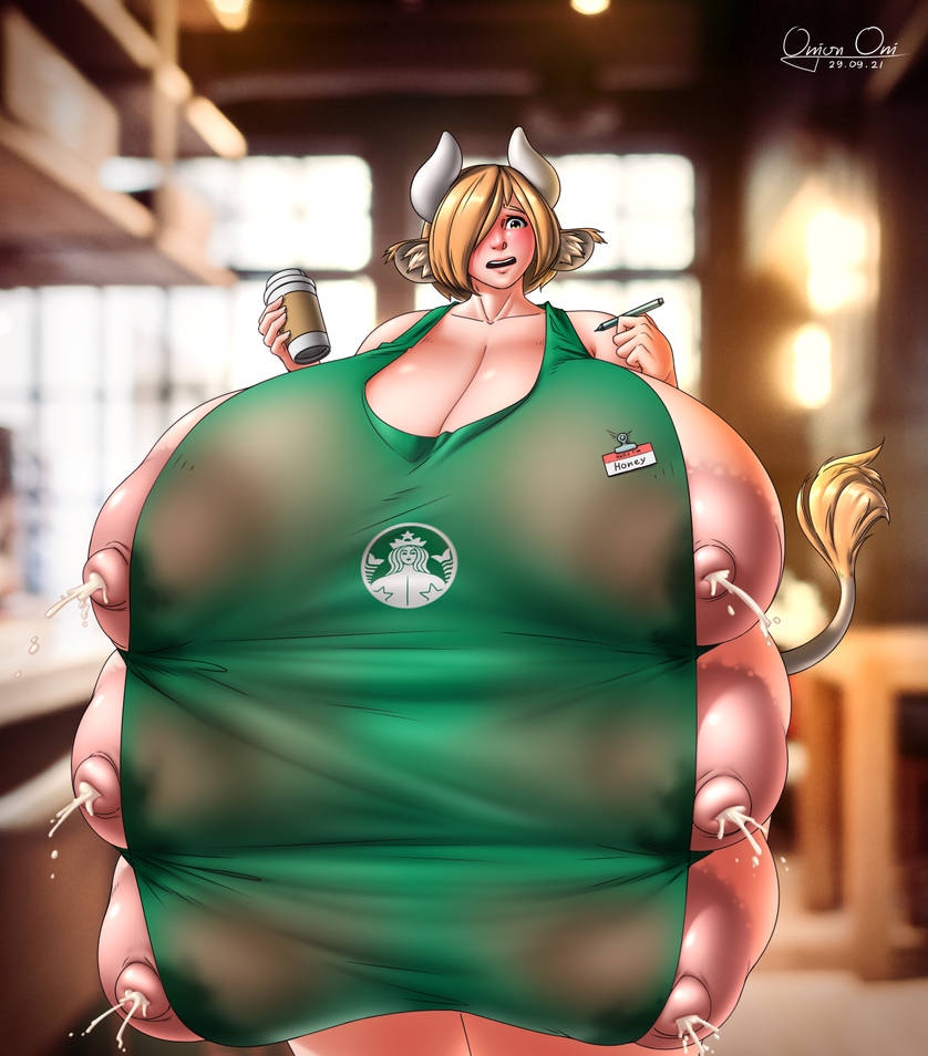6 breasts, big breasts, breasts, cow ears, cow girl, cow horns, cow tail, curvaceous, curvy, female, female focus, female only, honey (onion-oni), huge breasts, lactation, large breasts, multi breast, onion oni, solo, voluptuous