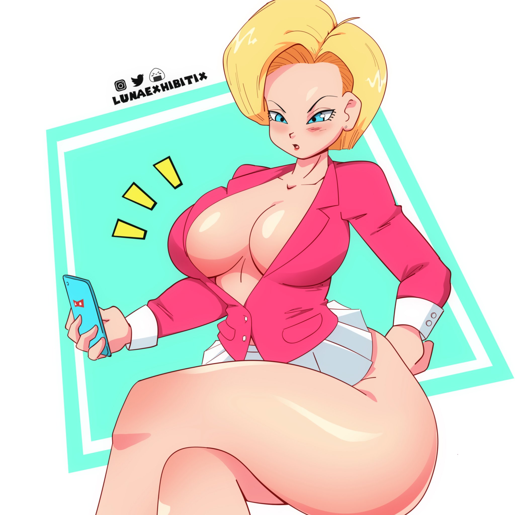 1girls, android 18, big ass (female), big breasts, blazer, blonde hair, blue eyes, breasts, breasts too big, cleavage, crossed legs, dragon ball, dragon ball z, female, female only, hi res, huge ass (female), imminent wardrobe malfunction, large breasts, lunaexhabbitix, mature female, milf, office lady, phone, short hair, skirt, solo, straining clothing, thick thighs, thighs, tight clothing, tight fit, tight fitting clothing, undersized clothes, undersized clothing, wide hips