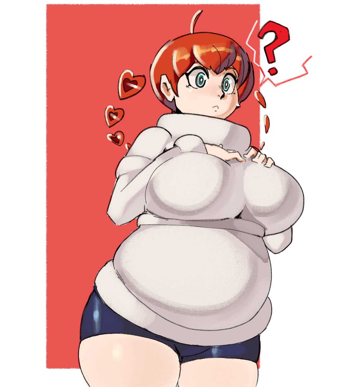 1girls ahoge atlus bike_shorts confusion justdavefnd persona persona_5 persona_5_scramble:_the_phantom_strikers pregnant red_hair solo sophia_(persona_5) sweater thick_thighs turtleneck