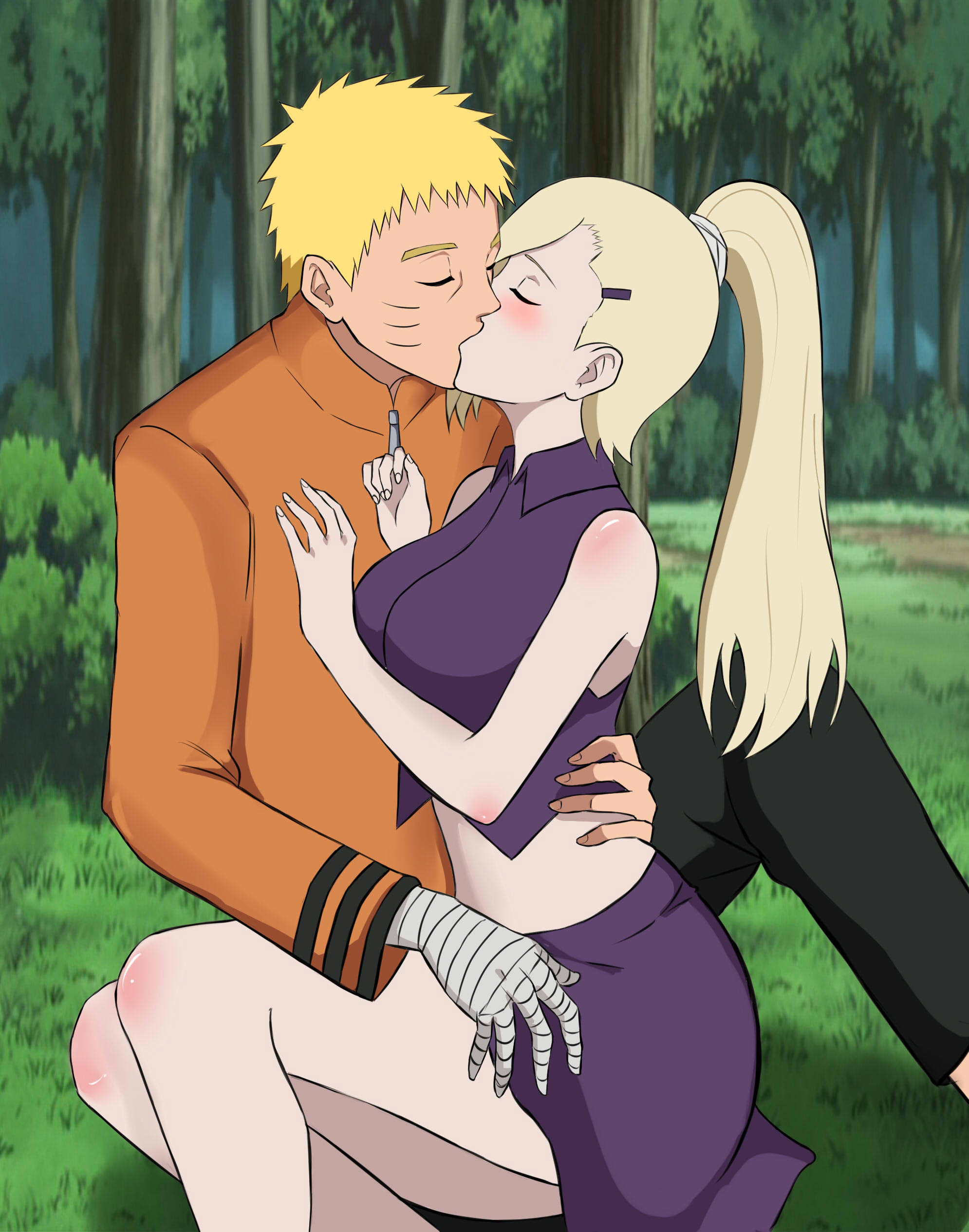 bandaged arm, blonde hair, blush, boruto: naruto next generations, closed eyes, crop top, female, forest, fully clothed, ino yamanaka, jacket, kissing, male, midriff, naruto, naruto (series), nature, on floor, outdoors, pants, ponytail, short hair, sitting, skirt, sweetlovi, tied hair, uzumaki naruto, yellow hair