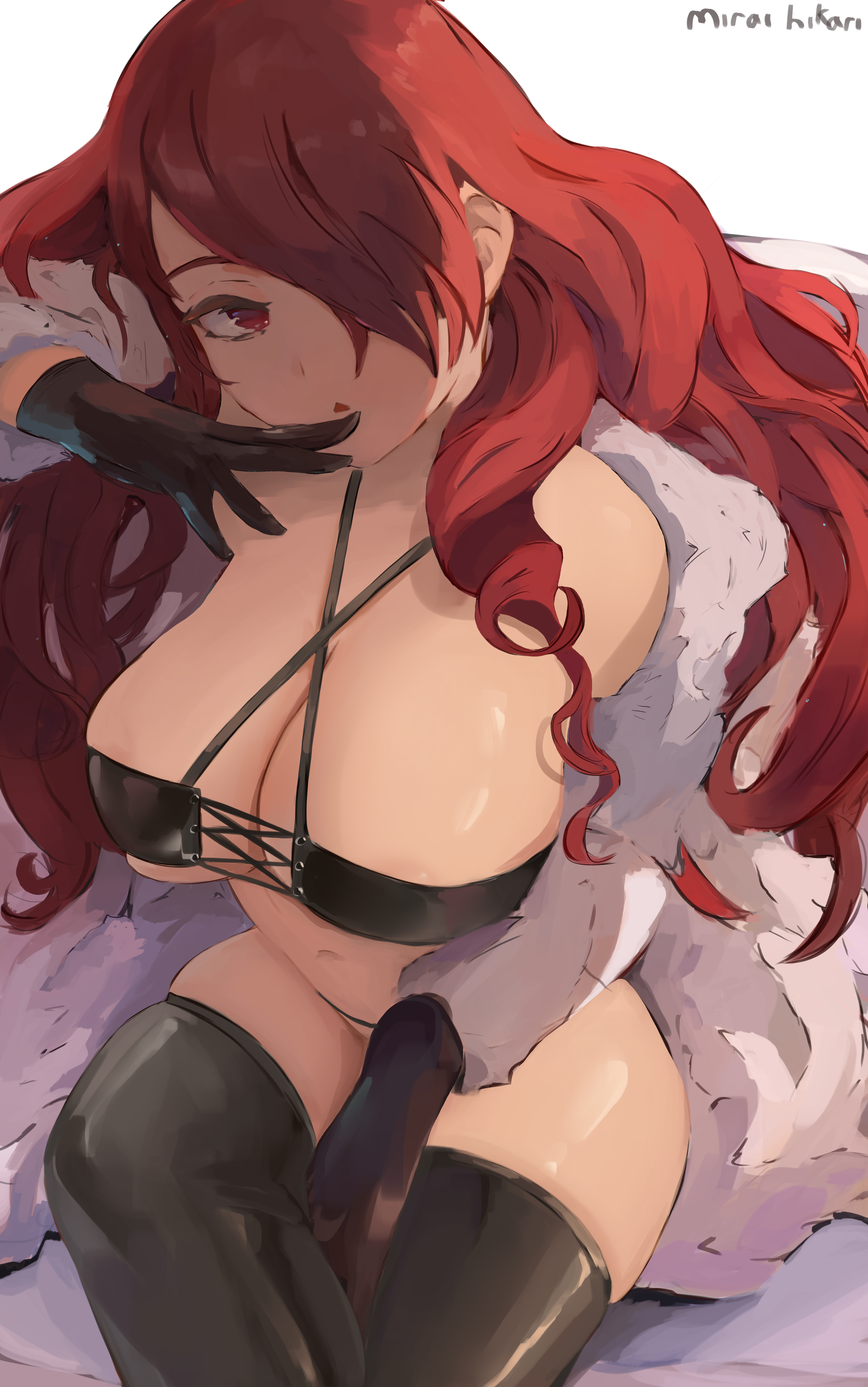 1girls, areolae, atlus, breasts, erect nipples, female, female only, fur coat, hair over one eye, hips, huge breasts, large areolae, long hair, looking at viewer, megami tensei, miraihikari, mitsuru kirijo, nipples, nude, nude female, persona, persona 3, red eyes, red hair, slim waist, solo, solo female, thick thighs, thighs, white coat, wide hips