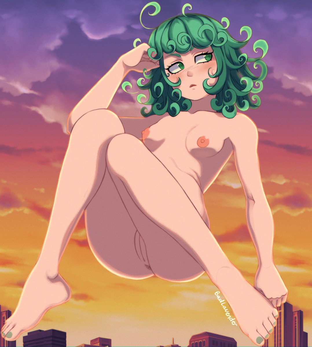 1boy, 1girls, ass, badlavender, breasts, feet, female, green hair, male, medium breasts, one-punch man, short hair, tatsumaki
