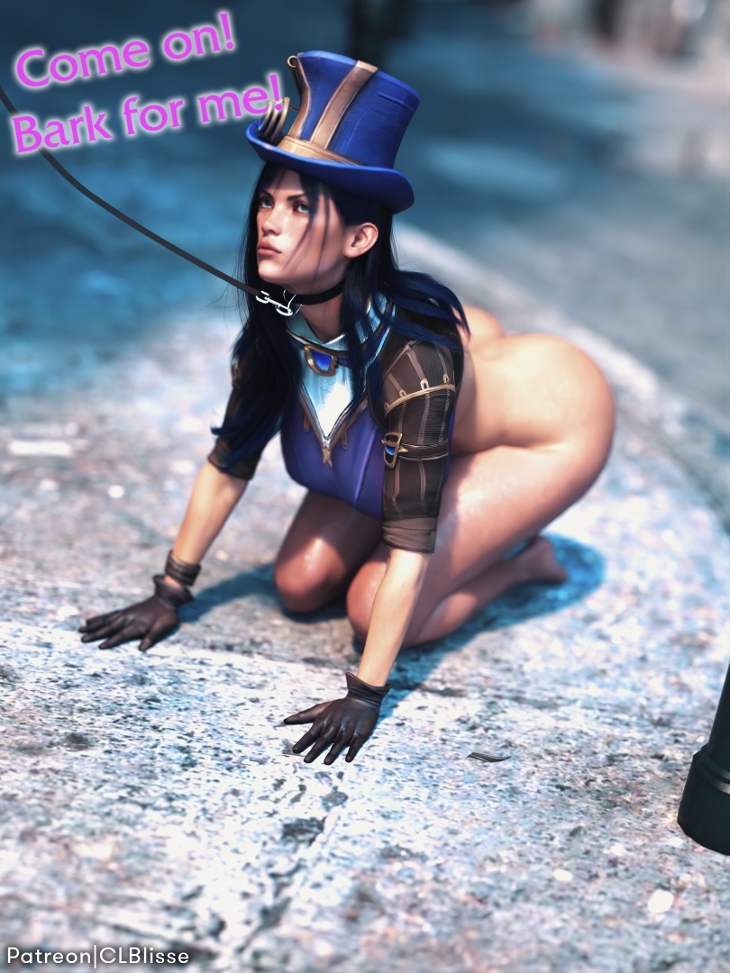 1girls ass ass_focus big_breasts big_butt blue_eyes blue_hair caitlyn_kiramman clblisse collar corset female_only league_of_legends leash long_hair nude petplay police public public_humiliation public_nudity slave thighs wide_hips