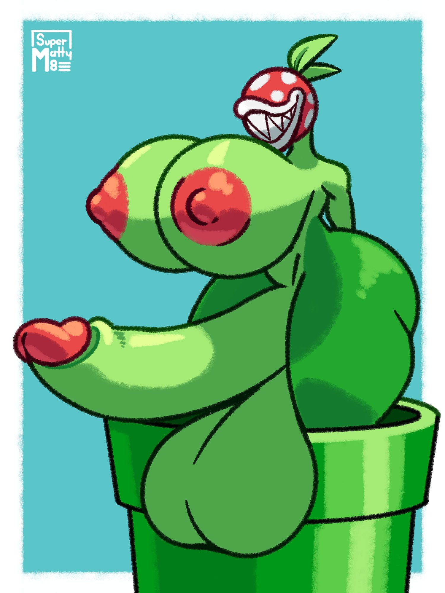 1futa, ass, balls, blue background, breasts, erection, flora fauna, futa only, futanari, gigantic ass, humanoid, humanoid penis, hyper, hyper balls, hyper breasts, hyper penis, intersex, mario (series), nintendo, nipples, nude, penis, piranha plant, plant, plantie, simple background, smile, solo, standing, supermattym8, teeth, testicles, thick thighs, white border, wide hips