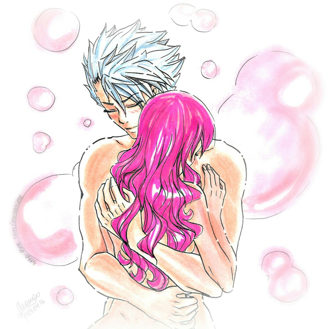 2016 anastasia1312 artist_signature dated embrace fairy_tail lyon_vastia meredy_(fairy_tail) nude pink_hair romantic_couple url white_hair