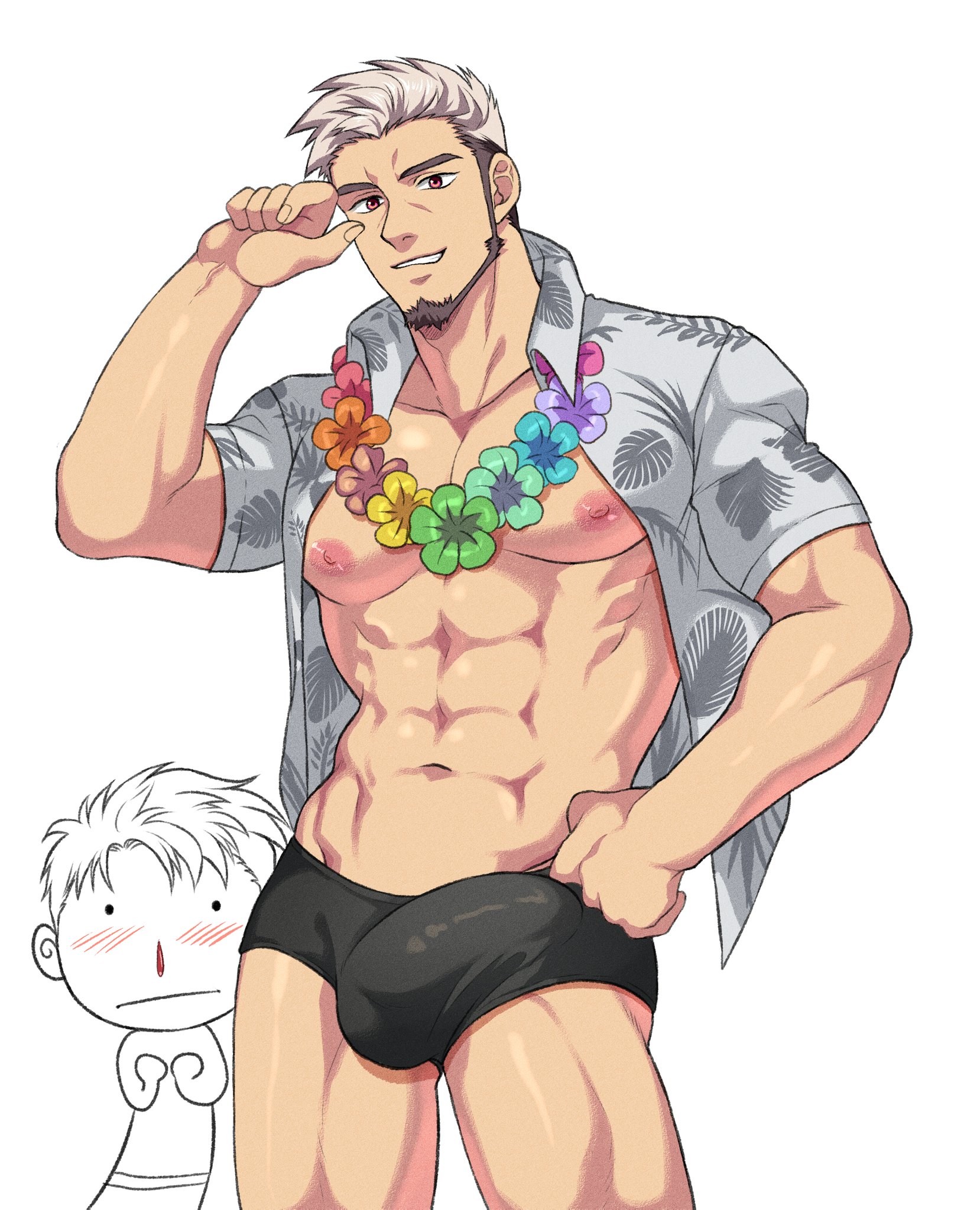 1boy, 2boys, aieliapoot, balls, bara, being watched, big balls, big chest, big pecs, big penis, blush, camp buddy, chest, erect penis, erection, erection under clothes, erection under clothing, facial hair, flower, flower necklace, goro nomoru, hi res, lgbt pride, lgbt pride colors, looking at another, looking at viewer, male, male focus, male only, muscles, muscular, muscular male, nipples, nosebleed, older male, open clothes, open shirt, pecs, penis, pride colors, rainbow, rainbow pride colors, red eyes, seductive, seductive eyes, seductive look, seductive smile, smile, smiling, smiling at viewer, solo, solo focus, solo male, tan skin, underwear, white hair, yaoi, yoshinori nagira