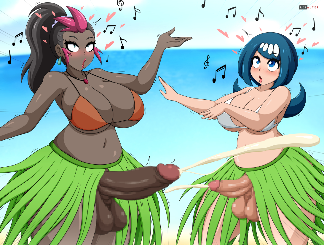 2futas, aizalter, alternate breast size, balls, beach, belly dancer, big balls, big breasts, big penis, blue eyes, blue hair, blush, breasts, busty, censored, cum, dark skin, dark-skinned futa, dickgirl, duo, ejaculation, erection, female, futa only, futanari, hands free ejaculation, hands-free, hands-free ejaculation, handsfree ejaculation, huge balls, huge breasts, huge cock, human, intersex, lana's mother (pokemon), large breasts, large penis, light skin, light-skinned futa, milf, mosaic censoring, mostly nude, nintendo, orgasm, penis, penis size difference, pokemon, pokemon sm, rolling eyes, sima (pokemon), spontaneous orgasm, standing, testicles, thick penis, thick thighs, thighs