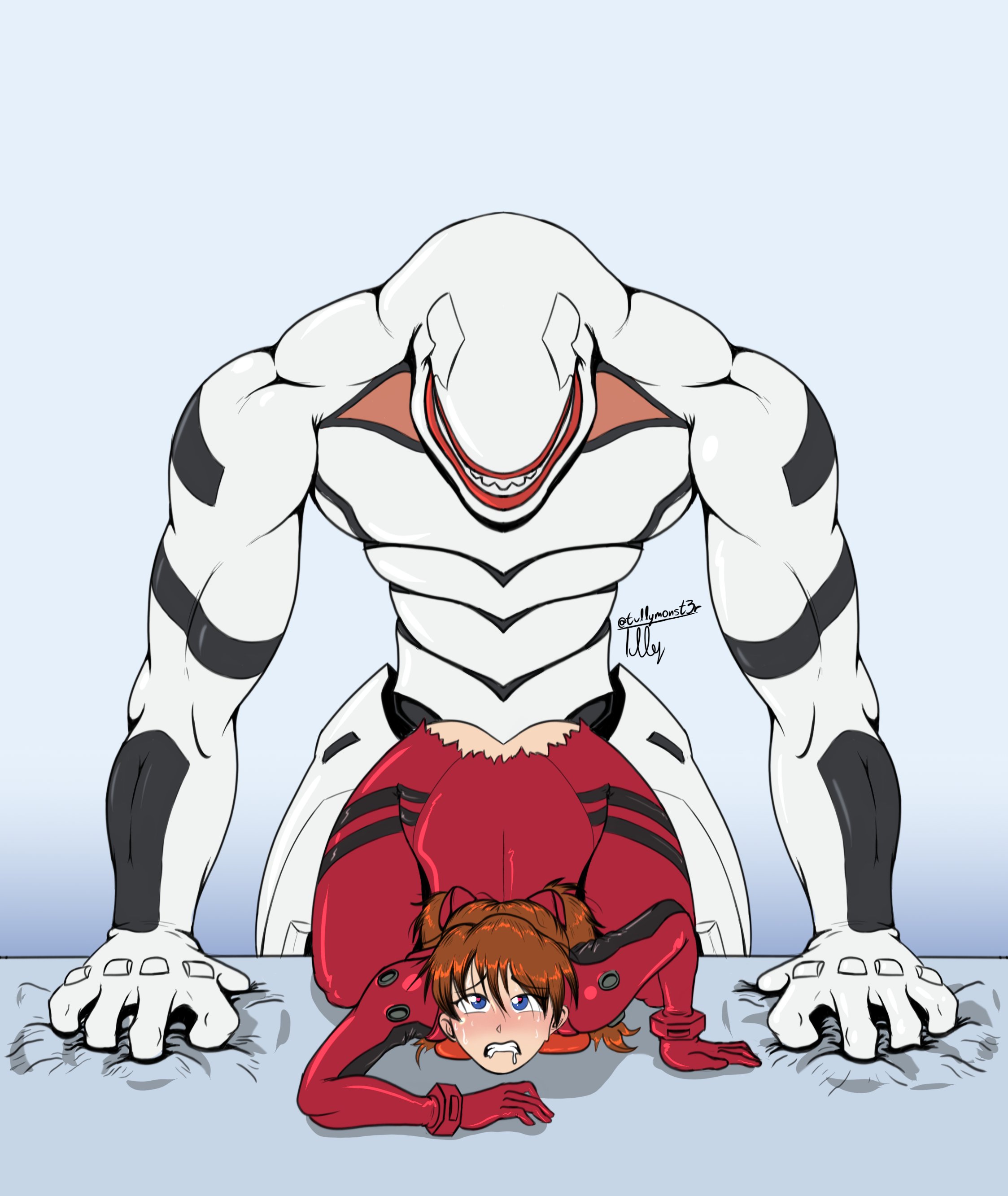 1boy, 1girls, 2d, ass, asuka langley sohryu, backshots, big ass, blush, bodysuit, breasts, clothed sex, clothing, doggy style, drooling, female, female thick thighs, femsub, interspecies, light skin, light-skinned female, long hair, male, maledom, mass production eva, monster, neon genesis evangelion, pilot suit, plugsuit, rape, raped, red hair, ripped clothing, rolling eyes, tagme, the end of evangelion, torn clothes, tullymonst3r
