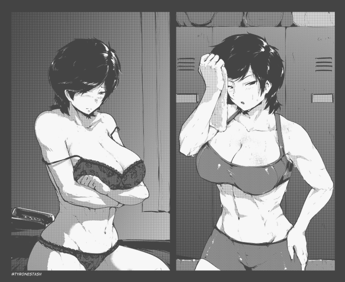 after_workout black_and_white lingerie madoka_(terasu_mc) monochrome muscles muscular muscular_female original_character panties solo sports_bra sweat sweaty terasu_mc tomboy tyronestash