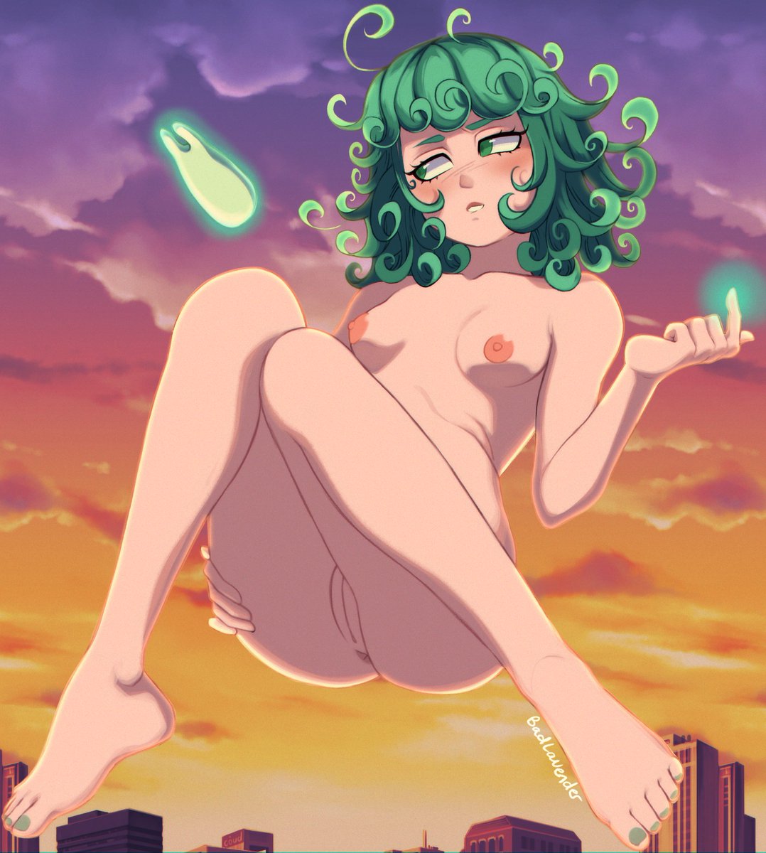 1boy, 1girls, ass, badlavender, breasts, feet, female, green hair, male, medium breasts, one-punch man, short hair, tatsumaki
