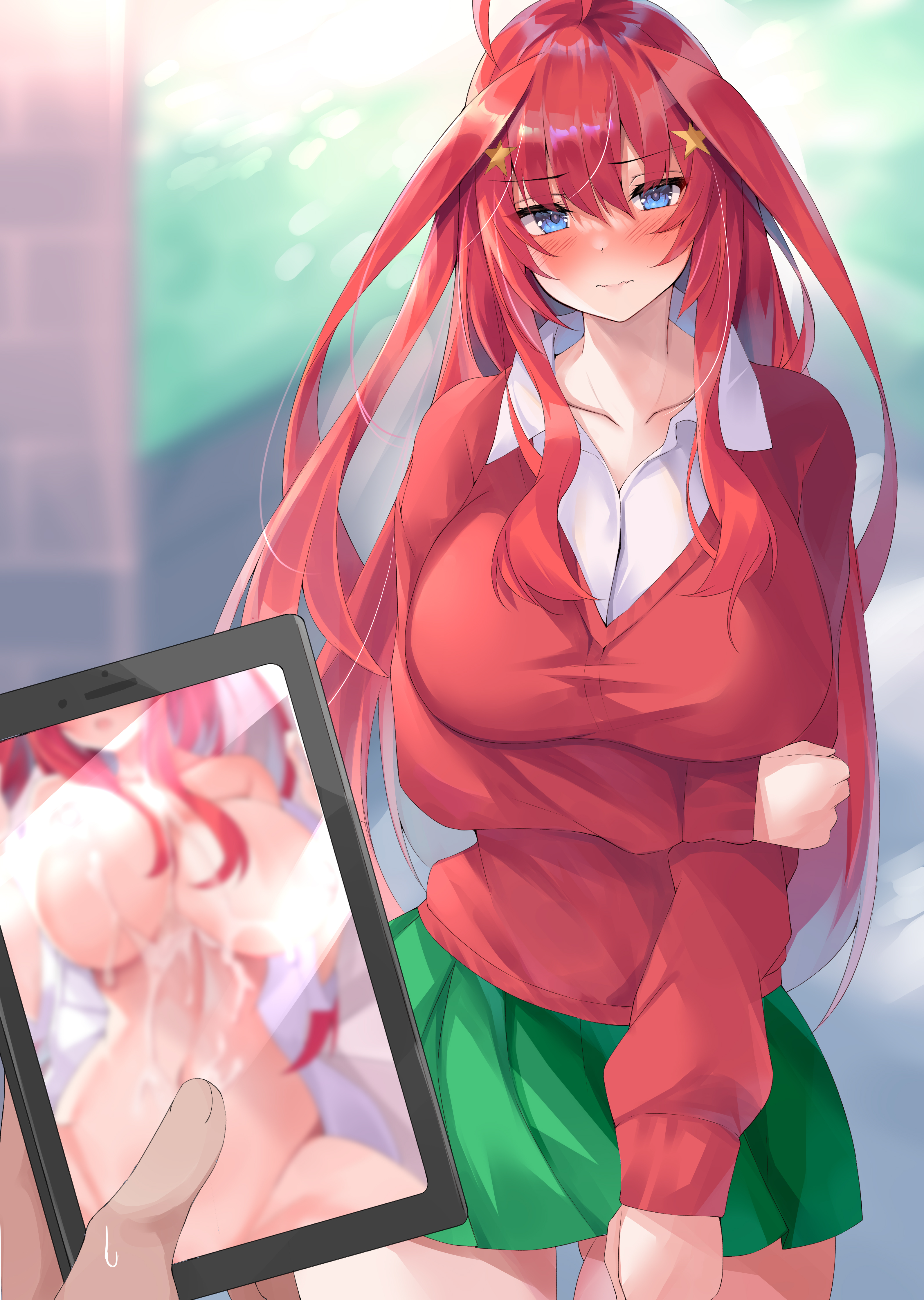 1boy, 1girls, asahiyama high school uniform, blue eyes, blush, breasts, censored, cum, cum on body, cum on breasts, embarrassed, female, female focus, go-toubun no hanayome, green skirt, highres, huge breasts, juxtaposition, long hair, looking at viewer, lying, lying on back, male, micosivaa, miniskirt, nakano itsuki, nude, phone, photo comparison, picture, red hair, school uniform, schoolgirl, skirt, solo focus, thick thighs, thighs, very long hair