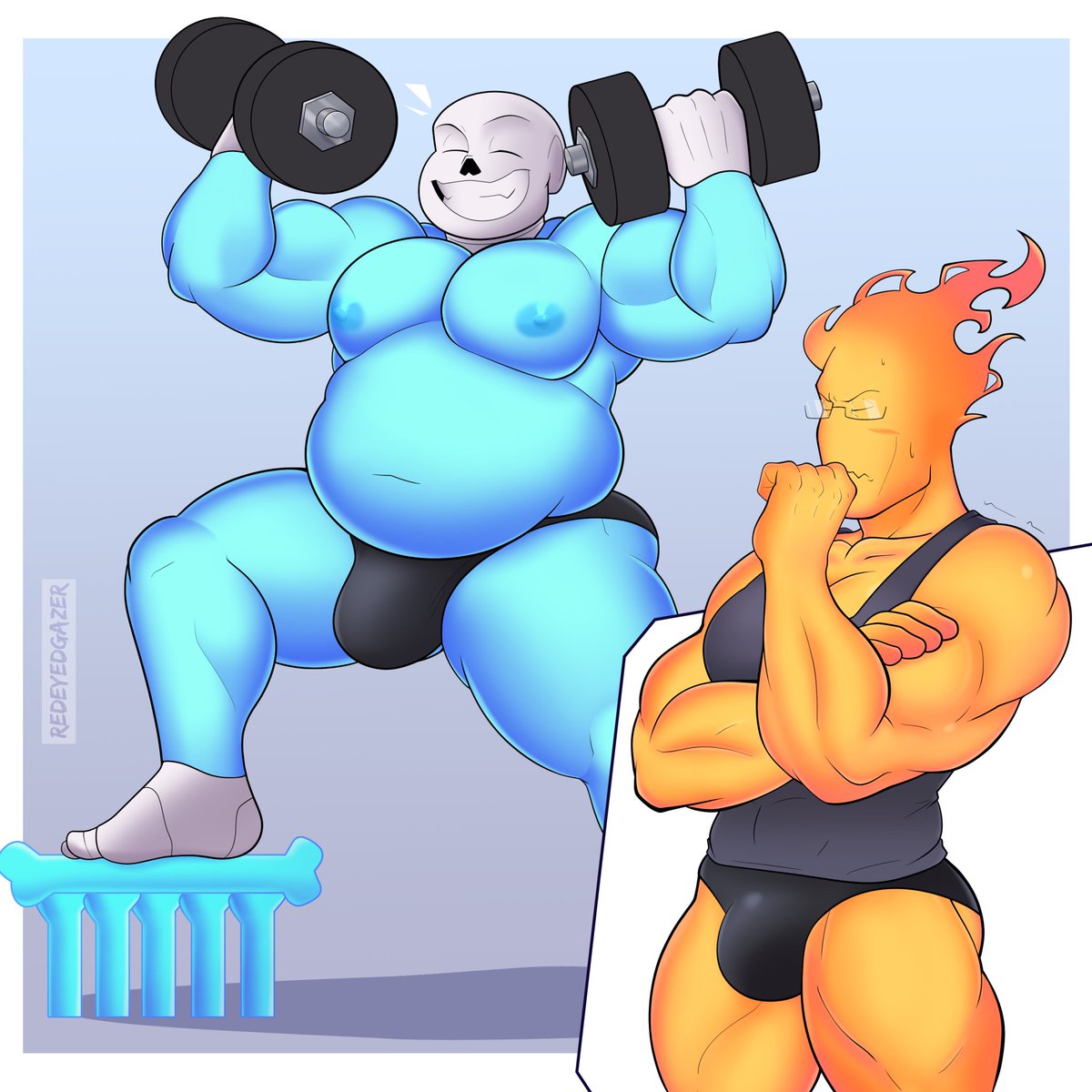 blue_body blush chubby chubby_male closed_eyes dumbbell gay grillby lightsaber_dick male/male man_boobs moobs muscular muscular_arms muscular_male muscular_thighs orange_body pose redeyedgazer sans shirtless tank_top thong undertale undertale_(series) yaoi