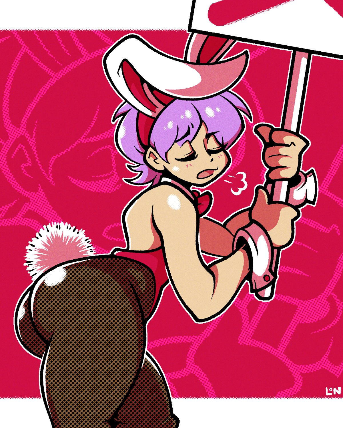 1girls, ass, bent over, breasts, bunny ears, bunny tail, bunnysuit, capcom, closed eyes, clothing, darkstalkers, demon, female, female only, hi res, legendofnerd, lilith aensland, neck ribbon, pantyhose, purple hair, side view, small breasts, solo, solo female, succubus, thick thighs, wrist cuffs
