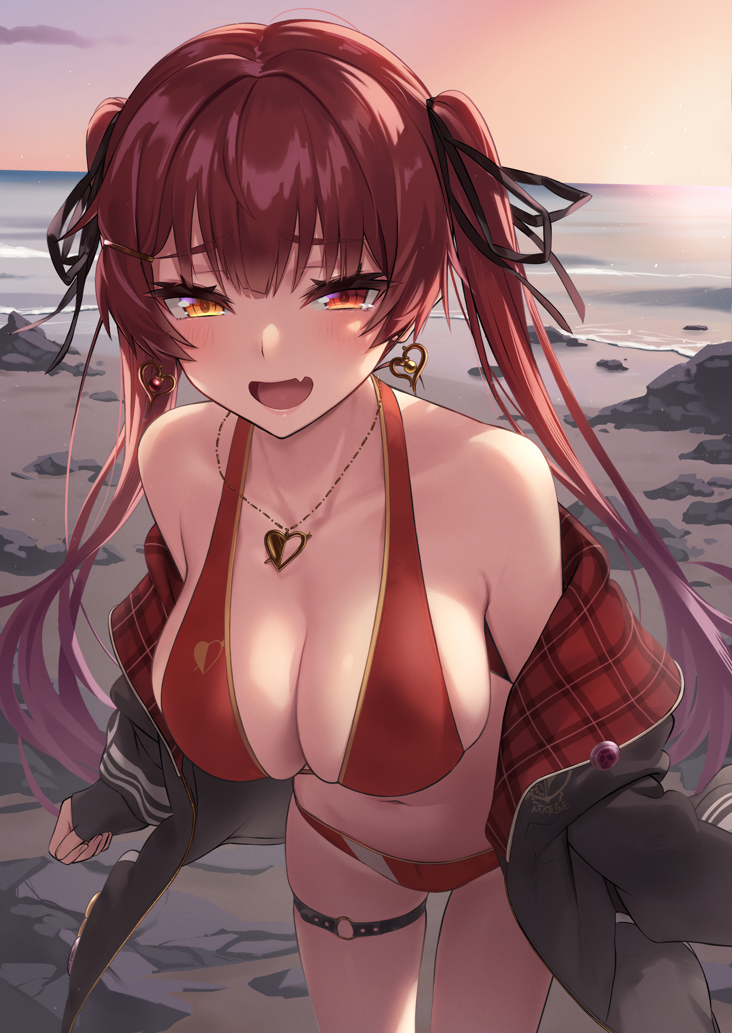 1girls, 2021, absurdres, bangs, bare shoulders, beach, bikini, black jacket, black legwear, black ribbon, breasts, earrings, eyelashes, female, female focus, female only, hair ribbon, half-closed eyes, heart, heart earrings, heterochromia, highres, hololive, hololive fantasy, hololive japan, horizon, houshou marine, jacket, jewelry, kojy, large breasts, leaning forward, long hair, looking at viewer, navel, o-ring, ocean, oerba yun fang, open clothes, open jacket, open mouth, outdoors, plaid, red bikini, red hair, ribbon, skin fang, sleeves past wrists, smile, solo, solo female, standing, sunset, swimsuit, thigh strap, thighs, twintails, virtual youtuber, water, yellow eyes