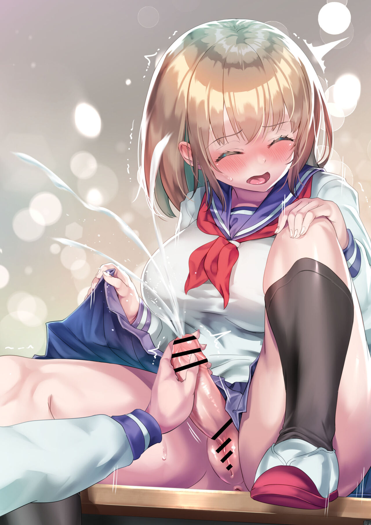 1futa, anus, ayanakitori, bar censor, big breasts, black socks, blonde hair, blush, boots, bottomless, breasts, censored, closed eyes, clothed, clothing, cum, cumdrip, cumshot, ejaculation, erection, female, futa only, futa sans balls, futanari, handjob, human, intersex, light skin, light-skinned futa, moan, moaning, mostly clothed, offscreen character, orgasm, penis, penis grab, pussy, school desk, school uniform, schoolgirl, short hair, skirt, socks, spread legs, sweat