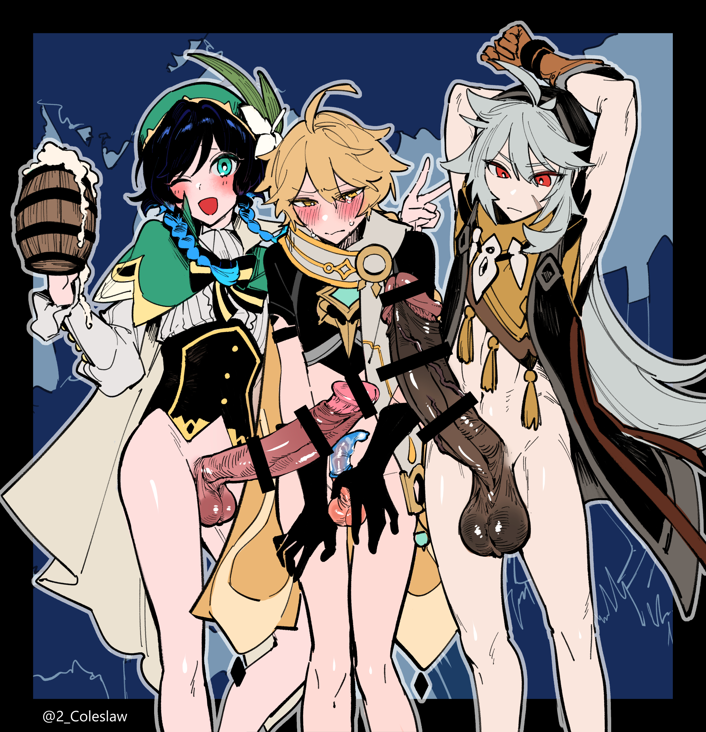 3boys, aether (genshin impact), balls, bar censor, beer mug, black border, blue background, blue hair, blush, border, bottomless, braid, cape, censored, commentary request, condom, condom on penis, dark penis, embarrassed, erection, femboy, genshin impact, giant penis, gloves, golden eyes, green eyes, grey hair, highres, huge balls, huge cock, hung femboy, hung trap, male, male only, mirin chikuwa, multiple boys, multiple males, otoko no ko, penis, penis size difference, razor (genshin impact), red eyes, small penis, testicles, twitter username, used condom, venti (genshin impact)