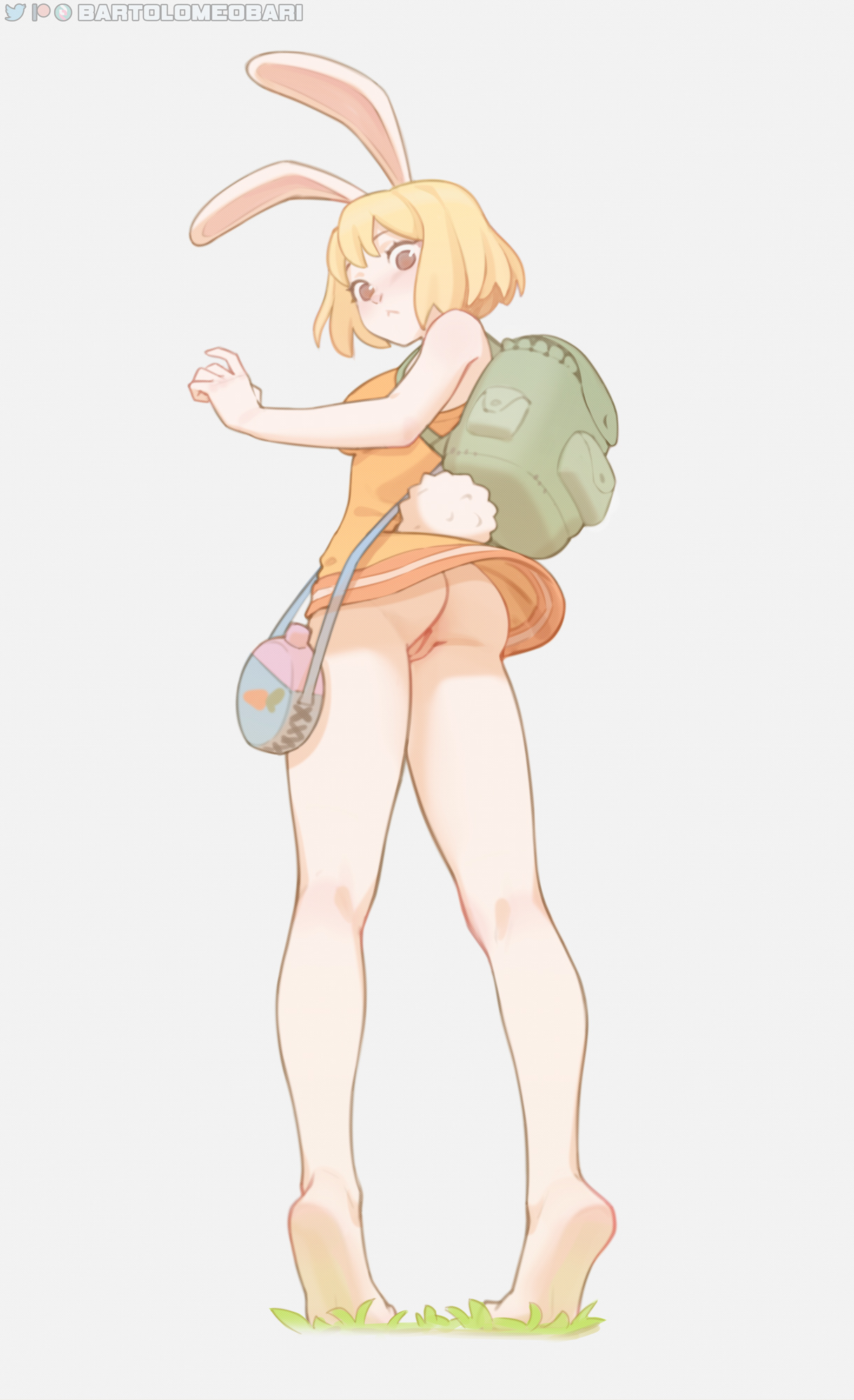 1girls, 2d, ass, backpussy, bartolomeobari, blonde hair, blonde-haired female, bunny ears, bunny girl, carrot (one piece), feet, female, female only, grass, light skin, light-skinned female, no panties, one piece, pale skin, pale-skinned female, pussy, short hair, simple background, solid color background, solo, uncensored, upskirt, white fur