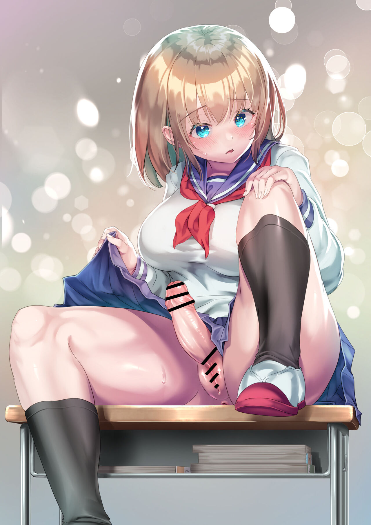 1futa, anus, ayanakitori, bar censor, big breasts, black socks, blonde hair, blue eyes, blush, boots, bottomless, breasts, censored, clothed, clothing, erection, female, futa only, futa sans balls, futanari, human, intersex, light skin, light-skinned futa, looking at viewer, mostly clothed, penis, pussy, school desk, school uniform, schoolgirl, short hair, skirt, socks, solo, spread legs, sweat
