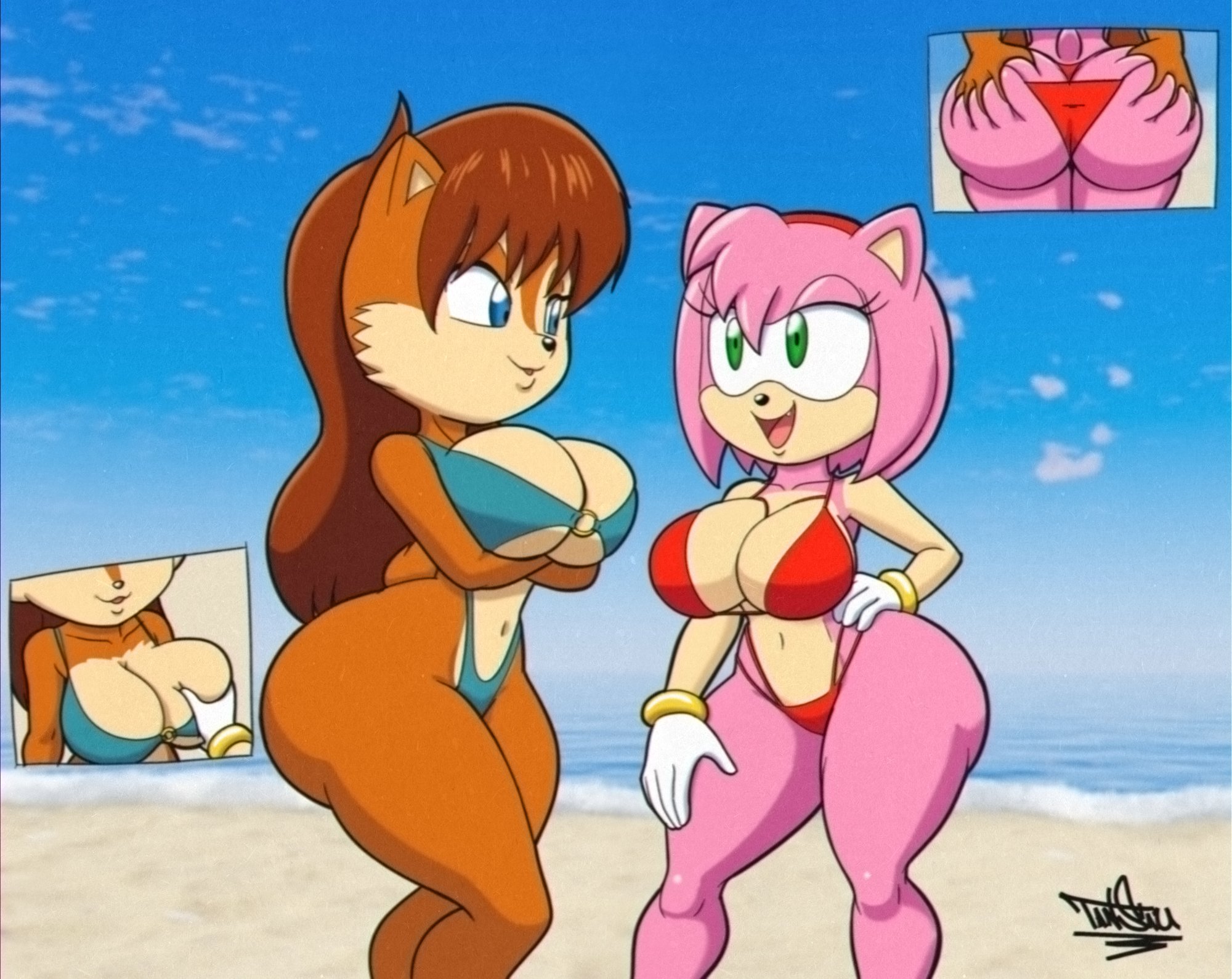 2girls, amy rose, anthro, ass, ass grab, big breasts, breast grab, breasts, chipmunk, cleavage, eulipotyphlan, female, female only, furry, groping, ground squirrel, hedgehog, huge ass, huge breasts, mammal, multiple females, multiple girls, rodent, sally acorn, sciurid, sega, sonic (series), squirrel, tagme, tansau, thick thighs, wide hips, yuri