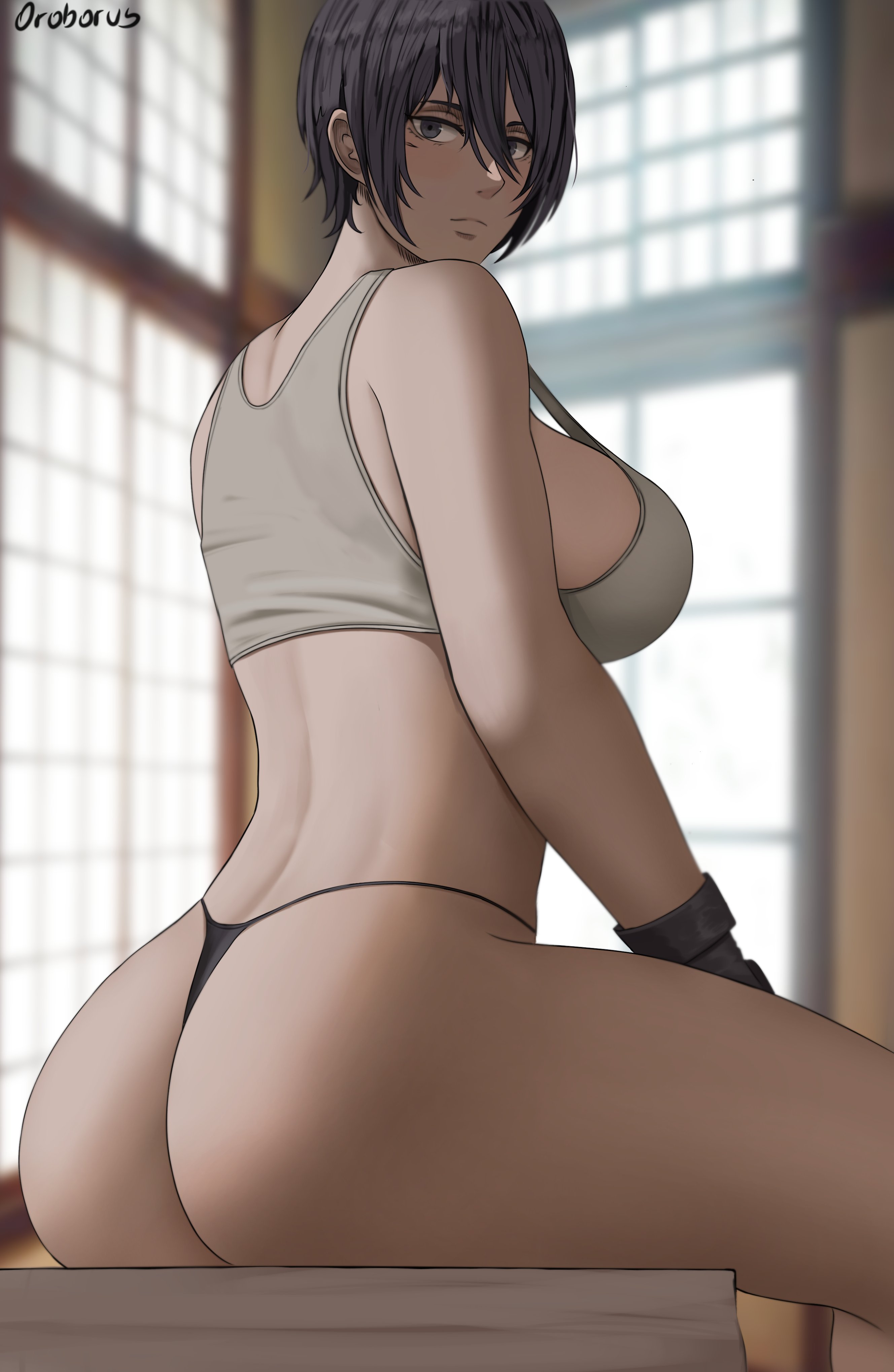 1girls, ass, attack on titan, big ass, big breasts, big butt, black eyes, black hair, breasts, bubble ass, bubble butt, fat ass, female, female only, hi res, highres, large ass, large breasts, looking at viewer, looking back, mikasa ackerman, oroborusart, savagexthicc, shingeki no kyojin, short hair, sitting, solo, solo female, tank top, thick, thick ass, thighs, thong, voluptuous