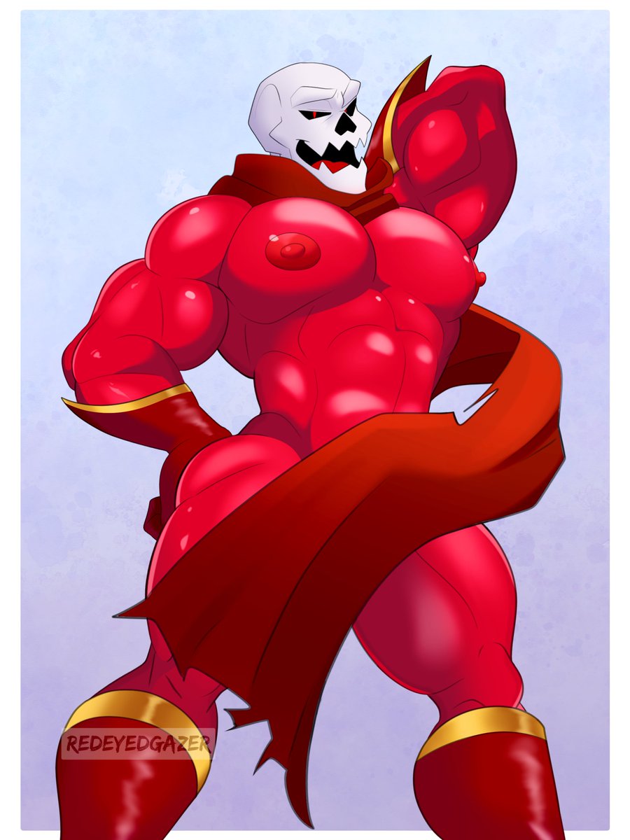 1boy alternate_universe bara bara_tits big_pecs boots covered_penis gloves male_only mostly_nude muscular papyrus pecs pose red_body red_pupils red_tongue redeyedgazer scarf shoes smile tongue underfell underfell_papyrus undertale undertale_(series) undertale_au