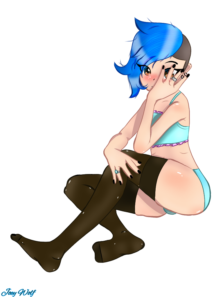 1boy bad_girl black_nails black_stockings blue_hair blush brown_eyes covering_face diamond_ring femboy gay joey_wolfhound(joey_wolf) lingerie mexican piercing rings shy solo trap