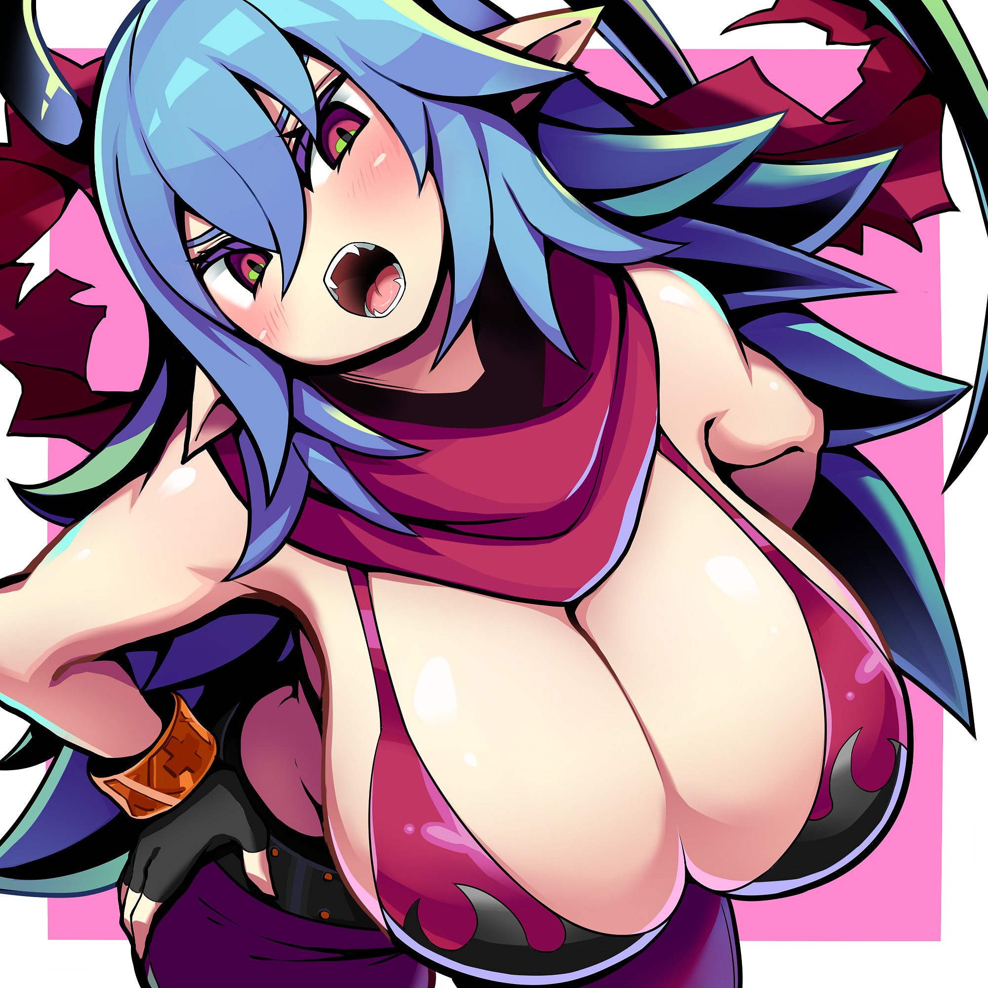 1girls, alternate version available, belt, big breasts, bikini, bikini top, black gloves, blue hair, blush, blush lines, blushing at viewer, breasts, busty, cleavage, disgaea, disgaea d2, eye contact, female, female focus, female only, fingerless gloves, flame print, gloves, hair between eyes, hand on hip, kara age, laharl, laharl-chan, large breasts, light skin, light-skinned female, long hair, looking at viewer, nippon ichi software, open mouth, pointy ears, purple eyes, scarf, sharp teeth, simple background, solo, solo female, spiky hair, swimsuit, tagme, wrist cuffs