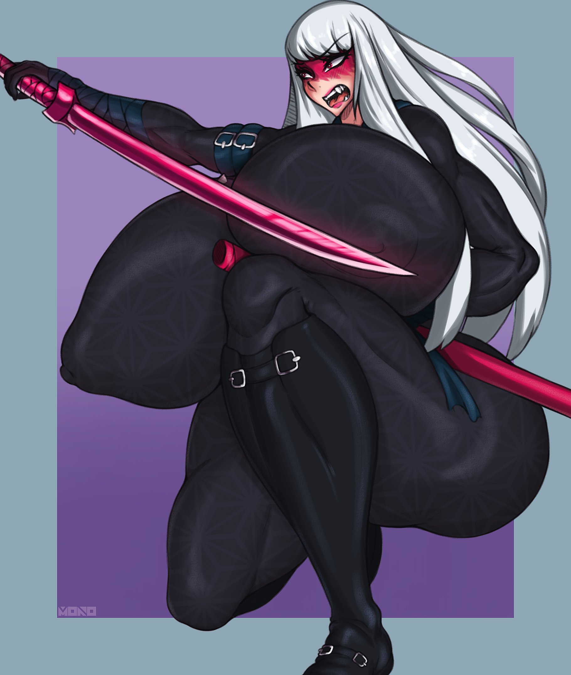 angry, aomokoka, ass, ass bigger than head, bodysuit, breasts, breasts bigger than head, casual nudity, clothed, face paint, female, female only, harumi (ninjago), huge ass, hyper breasts, lego, long hair, ninjago, no bra, red eyes, sons of garmadon (ninjago), sword, thick thighs, very long hair, white hair, wide hips
