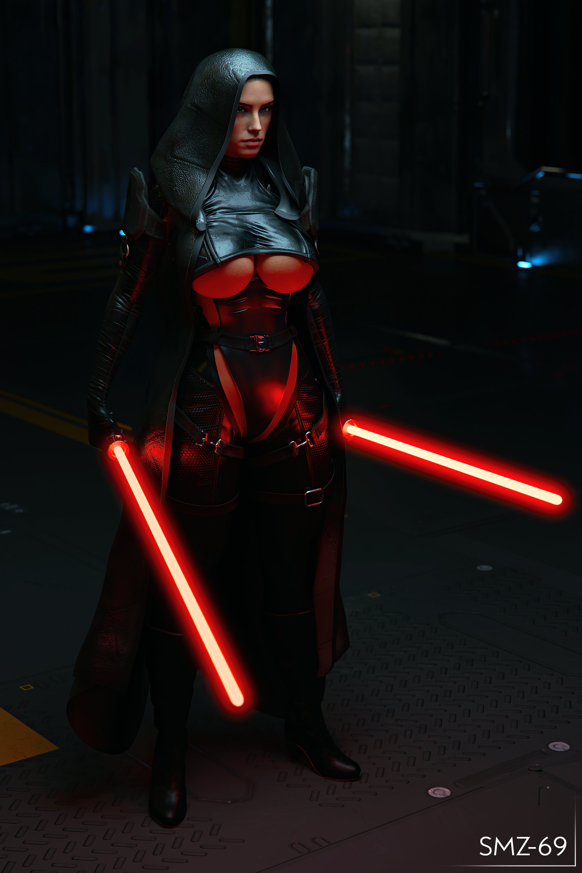 1girls, 3d, absurd res, alternate costume, athletic, athletic female, big breasts, black clothing, breasts, celebrity, daisy ridley, female, female only, front view, fully clothed, hi res, hood, human, large breasts, light skin, light-skinned female, lightsaber, red lightsaber, rey, sith, sith empress, sith rey, smz-69, solo, solo female, standing, star wars, sword, the force awakens, the rise of skywalker, underboob, weapon