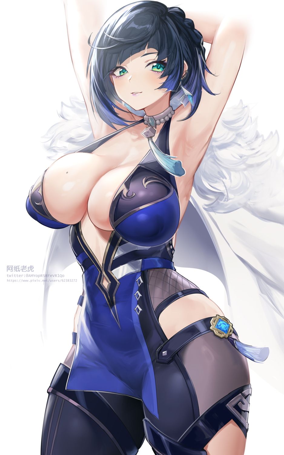 1girls, abs, armpits, arms up, bangs, big breasts, blue hair, blush, bodysuit, braid, breasts, cleavage, dice, earrings, female, fur, genshin impact, green eyes, hips, huge breasts, large breasts, midriff, mole, mole on breast, necklace, nipple bulge, short hair, slim waist, small waist, smile, solo, standing, tassel, thick, thick thighs, thighs, tight clothing, vision (genshin impact), waist, white background, wide hips, yelan (genshin impact)