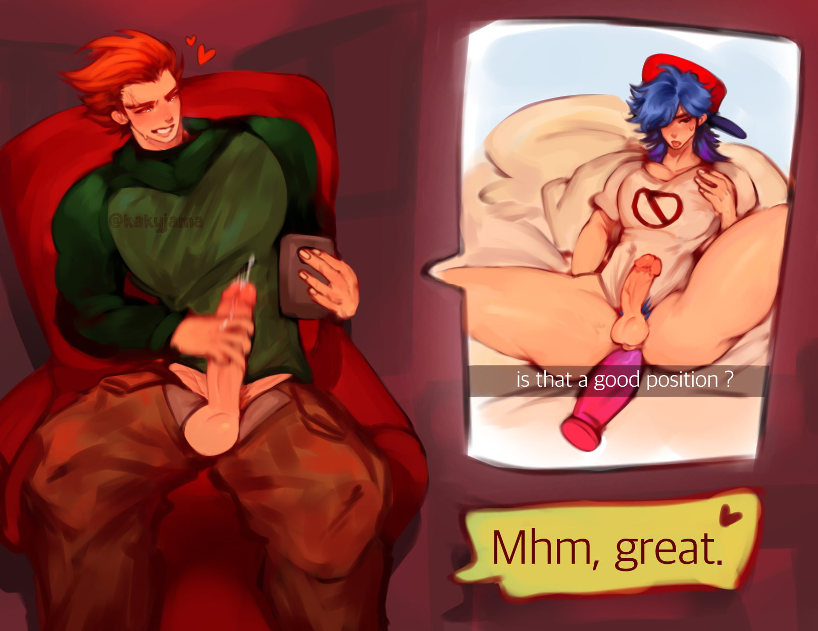2boys, ambush (trap), backwards baseball cap, big penis, blue hair, blue pubic hair, boyfriend (friday night funkin), caption, dick pic, dildo, dildo in ass, dirty talk, femboy, friday night funkin, gay, girly, green shirt, himbo, kakyjama, male, masturbation, muscular, muscular male, no pants, orange-hair, penis, penis out, phone, pico (newgrounds), presenting, presenting penis, spread legs, text, thick thighs, wanking, white shirt, yaoi