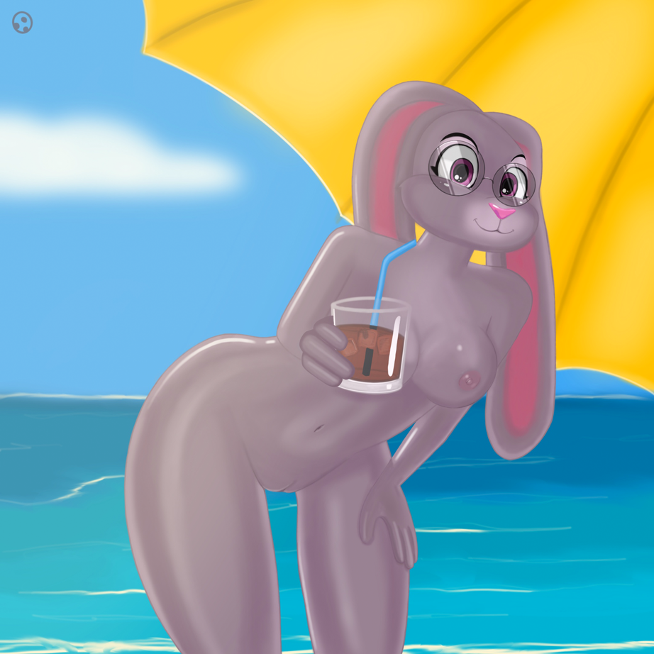 anthro available beach breasts disney female furry genitals glasses hair humor judy_hopps lagomorph leporid mammal medium_breasts nipples nude nude_female patreon pinup portrait pose pussy rabbit reward seaside shady_girl solo water zootopia