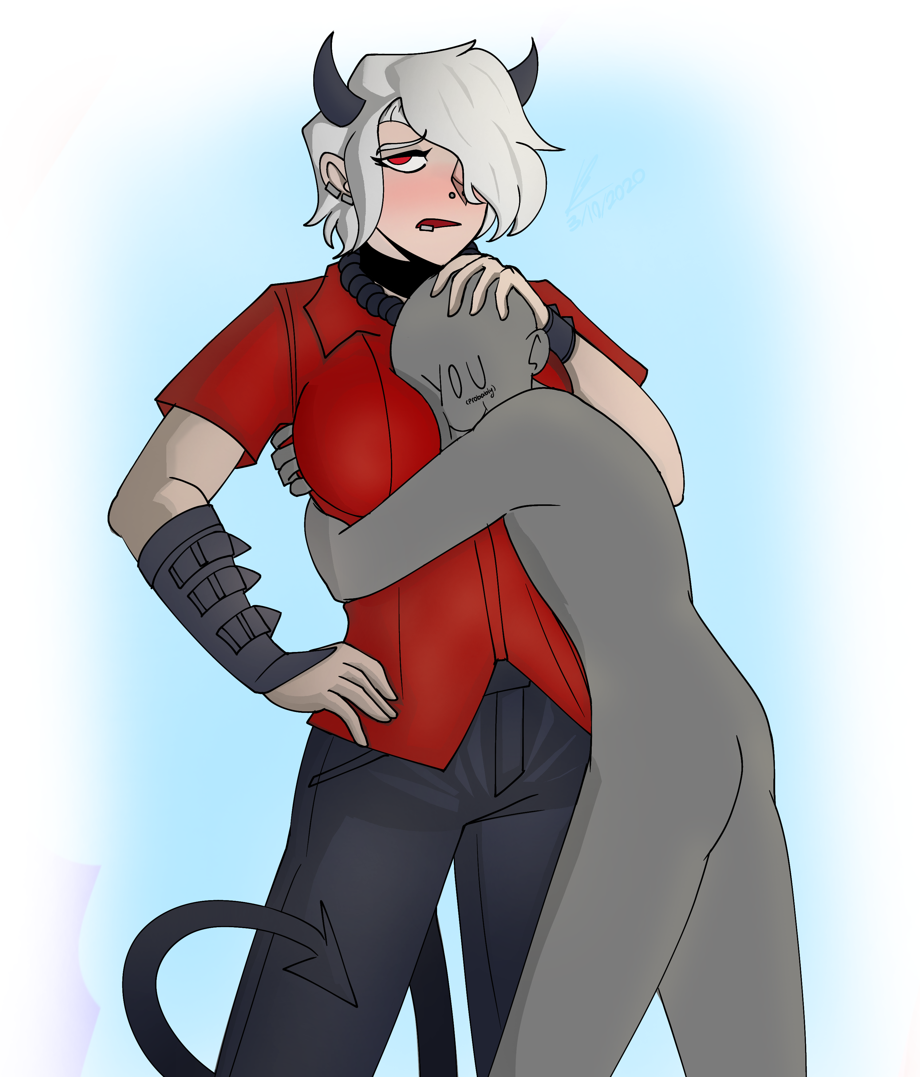 breasts, clothed, clothing, demon, demon girl, demon horns, demon tail, faceless character, faceless male, female, grey body, helltaker, hug, huge breasts, male, red eyes, white hair, wholesome, zdrada (helltaker)