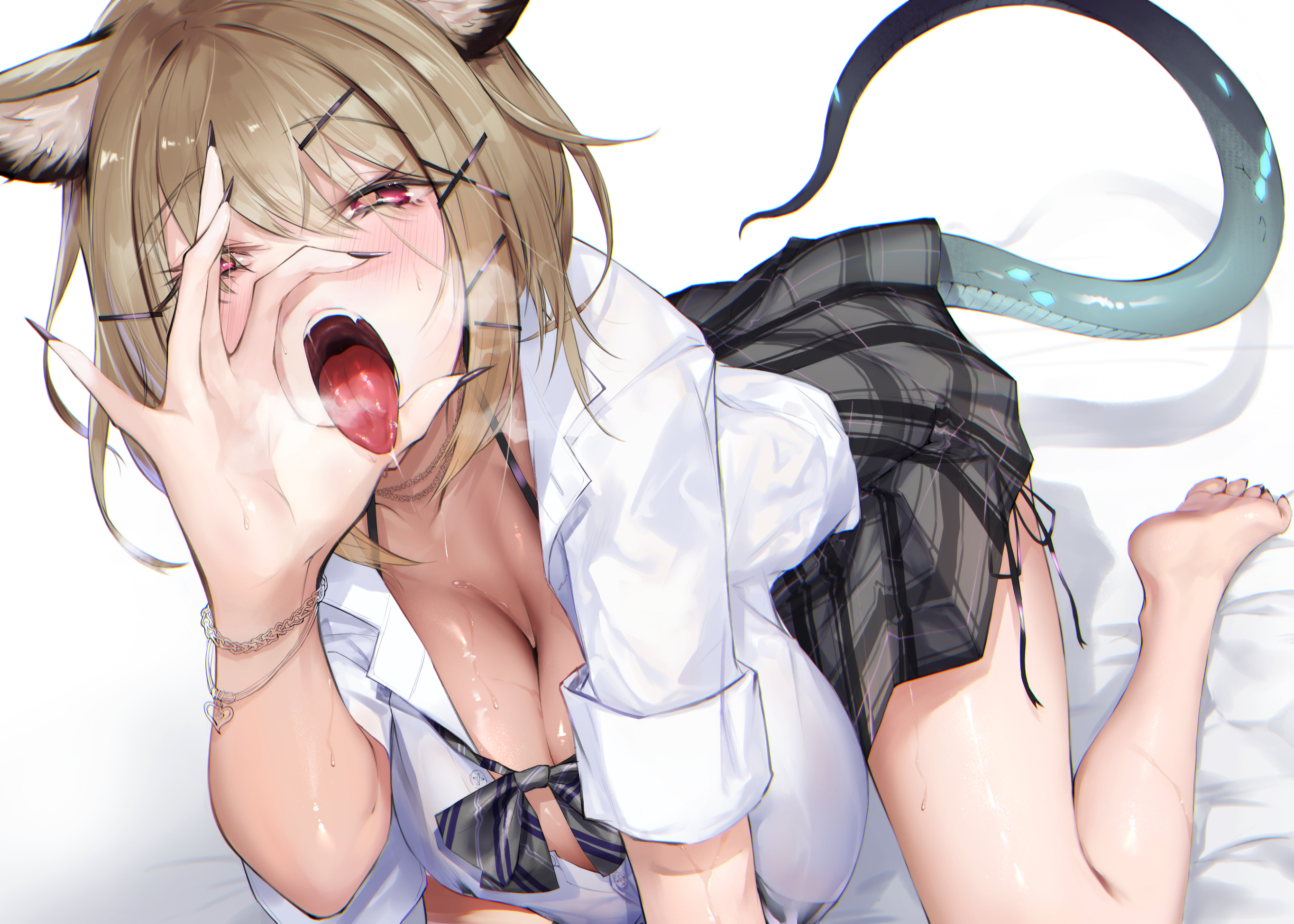 animal ears, arknights, breasts, breath, cleavage, doctor (arknights), eichi, fellatio gesture, female, large breasts, open mouth, pov, skirt, tail, utage (arknights)
