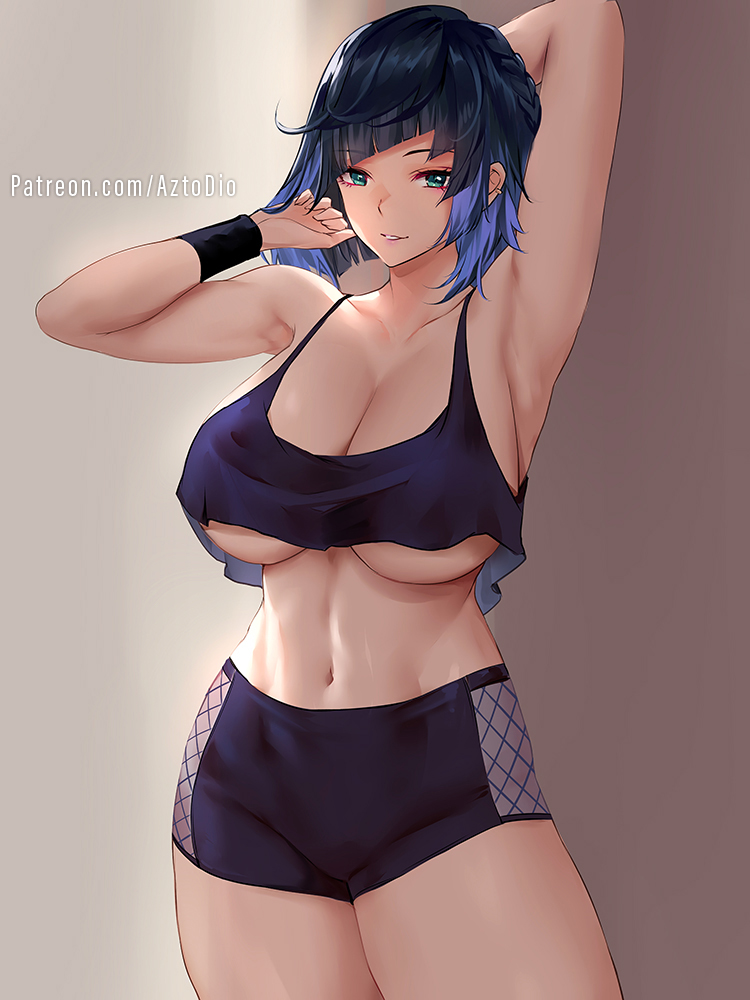 1girls, 2022, armpits, arms, artist signature, azto dio, black hair, breasts, female, female only, genshin impact, green eyes, hips, huge breasts, looking at viewer, naughty face, navel, short hair, short shorts, shorts, simple background, slim waist, smile, sportswear, tank top, thick thighs, thighs, thunder thighs, watermark, wide hips, yelan (genshin impact)