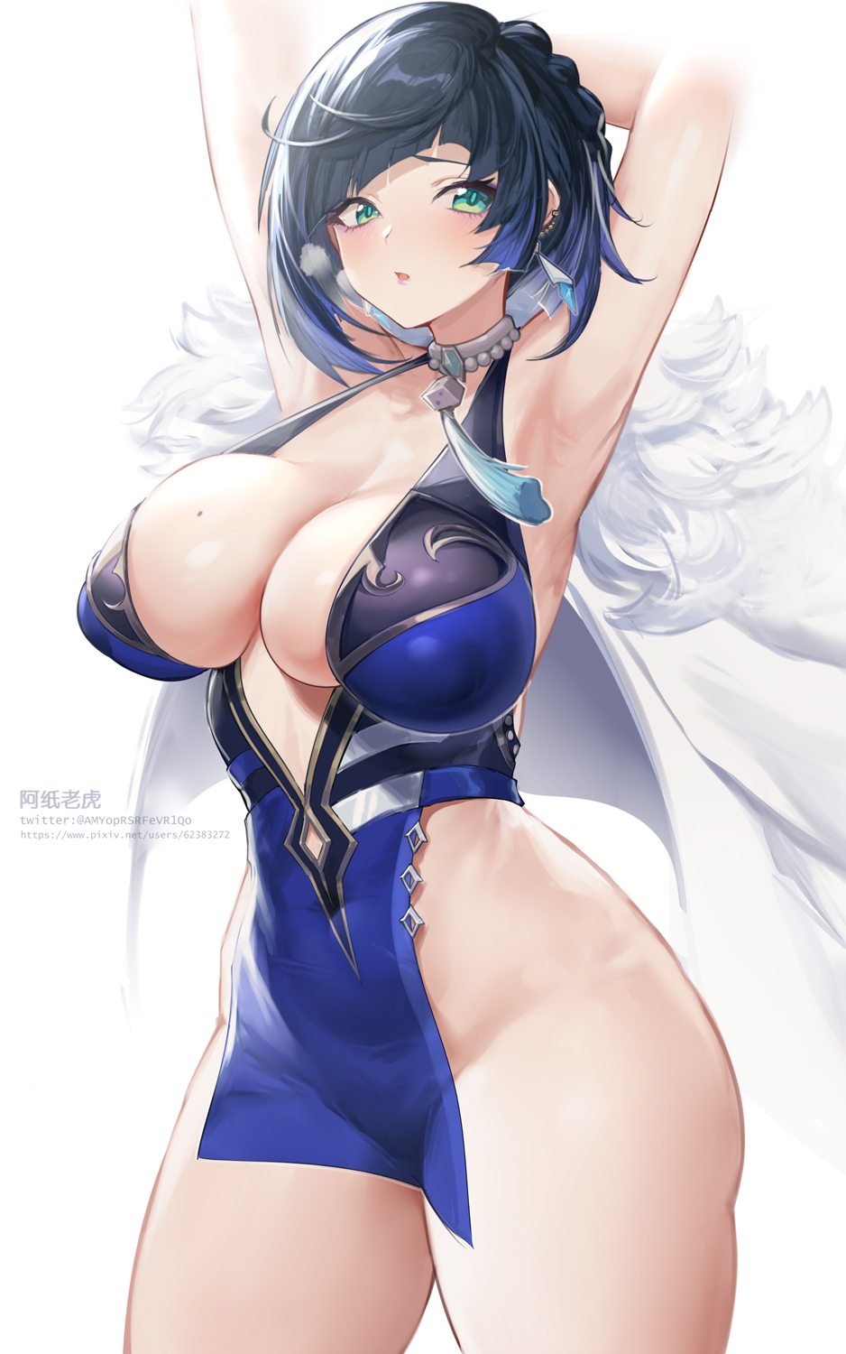 1girls, abs, armpits, arms up, bangs, bare legs, big breasts, blue hair, blush, bodysuit, braid, breasts, cleavage, dice, earrings, female, fur, genshin impact, green eyes, hips, huge breasts, large breasts, midriff, mole, mole on breast, mouth open, necklace, nipple bulge, open mouth, short hair, slim waist, small waist, solo, standing, tassel, thick, thick thighs, thighs, tight clothing, vision (genshin impact), waist, white background, wide hips, yelan (genshin impact)