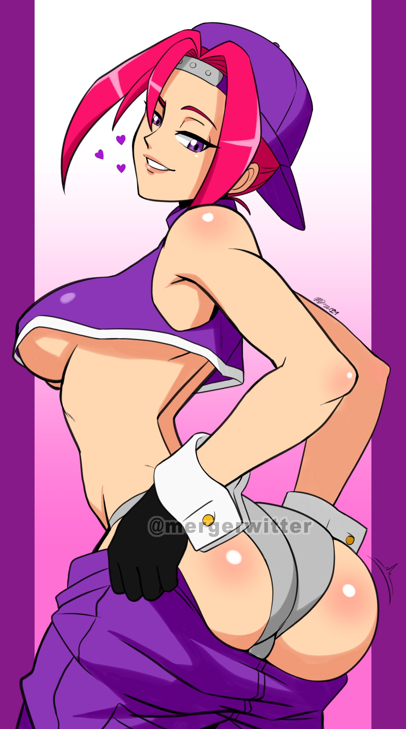 1girls absurd_res backwards_baseball_cap baseball_cap crop_top detached_cuffs female_only from_behind gloves heart huge_ass large_breasts looking_at_viewer looking_back mergeritter mia_(vs) panties pink_hair purple_eyes sagging_pants seductive_smile smile underboob underwear undressing vs._(ps1) watermark