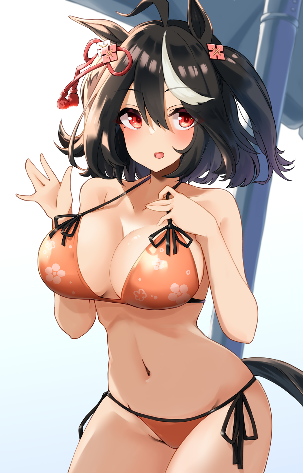 ahoge animal_ears bangs black_hair blue_background blush breasts cleavage eyebrows_visible_through_hair female female gradient gradient_background hair_between_eyes highres horse_ears kitasan_black_(umamusume) komb looking_at_viewer multicolored_hair open_mouth red_eyes short_hair solo streaked_hair umamusume white_background white_hair