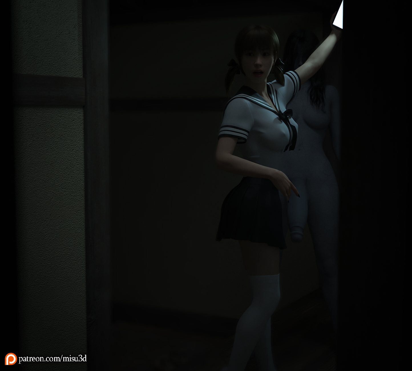 1futa, 1girls, 3d, big penis, breasts, canon futa, clothing, dark room, darkness, daz studio, dickgirl, electronics, female, futanari, ghost, ghost girl, haunted, haunted house, horror, intersex, knee socks, lighting, low light, misuzalha3d, onryo, pale skin, patreon, penis, phone, render, scared, scary, school uniform, skirt, surprised, the onryo (misuzalha3d), the ring, tsukiko (misuzalha3d), twintails, yamamura sadako, yamamura sadako (cosplay)