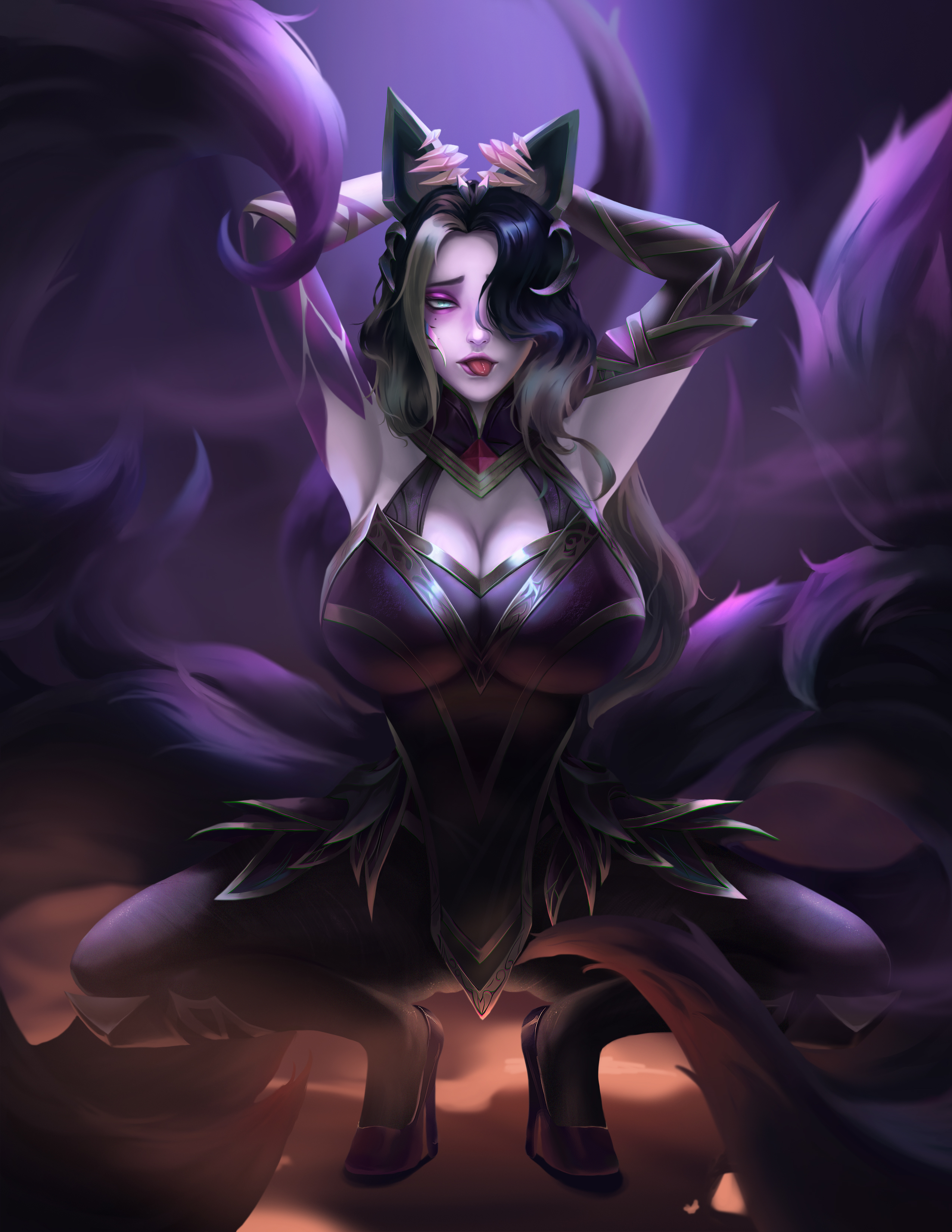 ahri, alternate costume, alternate eye color, alternate hair color, alternate hairstyle, animal ear fluff, animal ears, animal girl, animal humanoid, artist request, big breasts, black hair, blonde hair, blush, breasts, busty, child bearing hips, cleavage, clothing, coven ahri, curvaceous, curves, curvy, curvy body, curvy female, curvy figure, curvy hips, eclipse series, facial markings, female, female only, fluffy, fluffy ears, fluffy tail, fluffy tails, fox, fox ears, fox girl, fox humanoid, fox tail, fox tails, fur, furry ears, furry tail, glistening, glistening body, glistening breasts, glistening hair, glistening skin, hair over one eye, hips, hourglass figure, huge breasts, humanoid, inner ear fluff, kemonomimi, kitsune, large breasts, league of legends, light skin, light-skinned female, long hair, mole, mole under eye, multi tail, multicolored hair, naughty face, nine tailed fox, pale skin, pale-skinned female, riot games, squatting, suggestive, suggestive look, suggestive pose, tail, teal eyes, thick thighs, thighs, vastaya, video games, voluptuous, wide hips