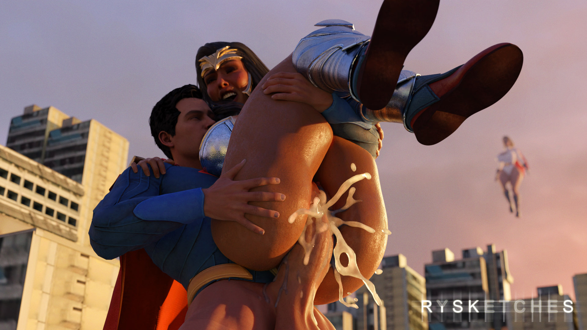 1boy, 1girls, 3d, 3d (artwork), big breasts, bottomless, breasts, clark kent, couple, cum, cum in pussy, cum inside, dc, dc comics, diana prince, female, from behind, implied incest, injustice 2, kal-el, kara zor-l, karen starr, larger female, male, olive skin, power girl, power girl (injustice), pussy, rysketches, sex, smaller male, straight, superman, superman (clark kent), superman (series), wonder woman, wonder woman (injustice), wonder woman (series)